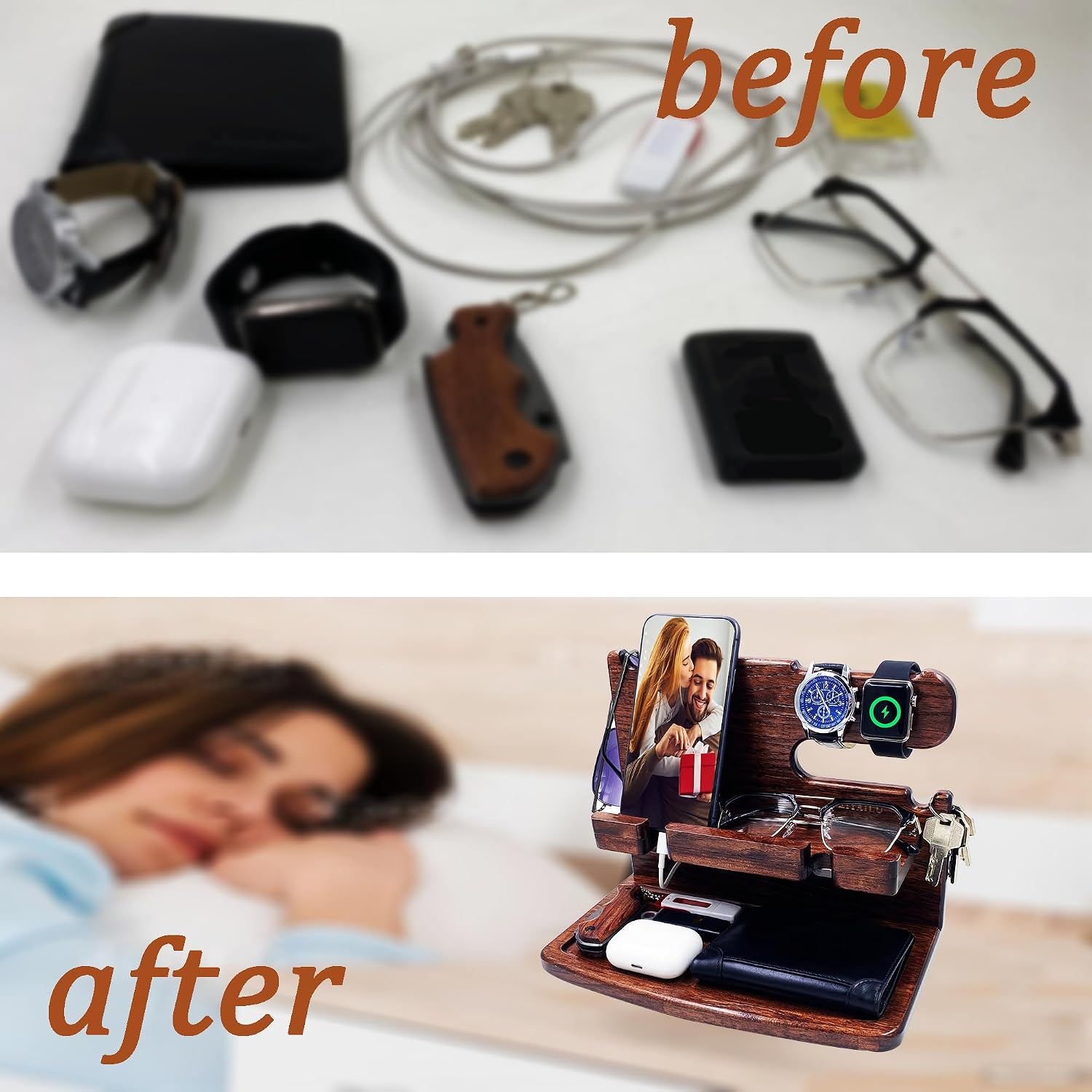VEIYAILU Gifts for Men Women Dad Husband Boyfriend Wood Phone Docking Station Nightstand Organizer for Men Birthday