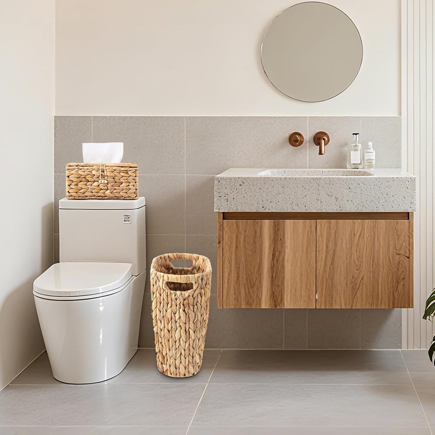 Wicker Trash Can and Rectangle Tissue Box / Khaki / Wicker Trash Can+rectangular Tissue Holders
