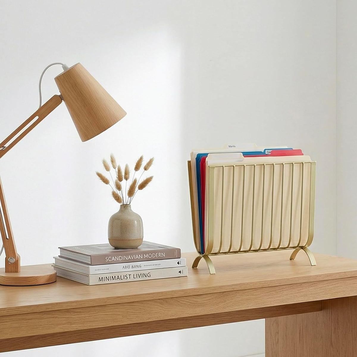 MyGift Brass Metal Mid-Century Wire Magazine Rack – Deluxe Tabletop or Floor Standing Sling Basket for Magazines and