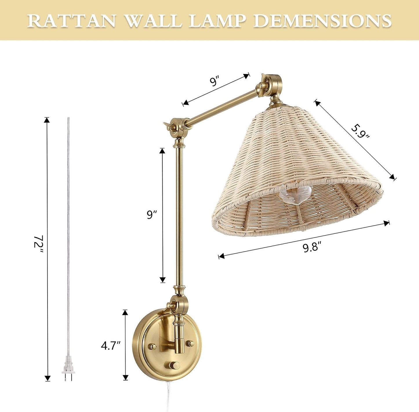 WINGBO Wall Sconce Rattan Wrapped Wall Lamp, Large Lampshade, Adjustable Swing Arm Wall Light Gold Vintage Bedside