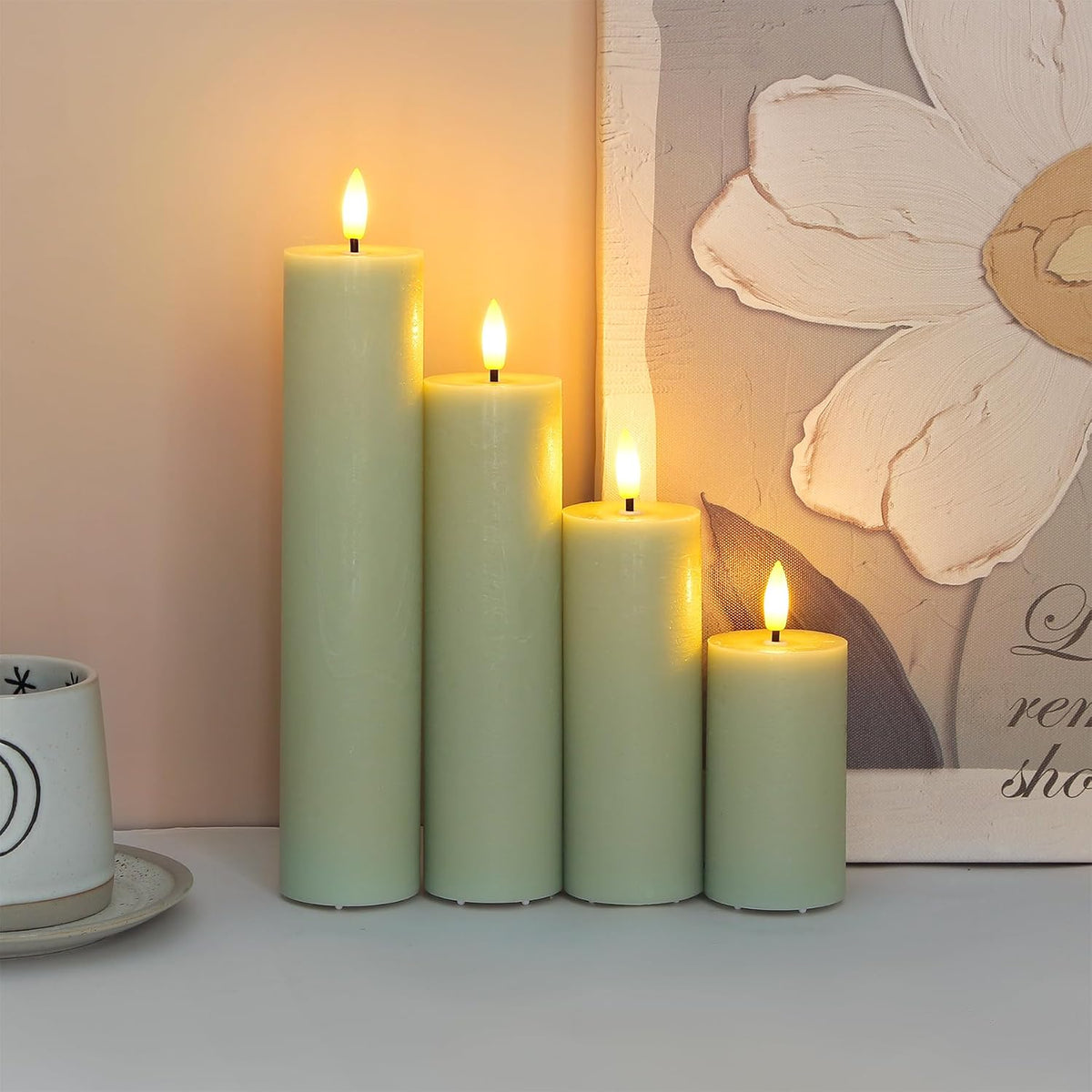 Flickering Flameless Pillar Candles with Remote Control and Cycle Timer,Sage Green Pack of 4 Battery Operated(Powered