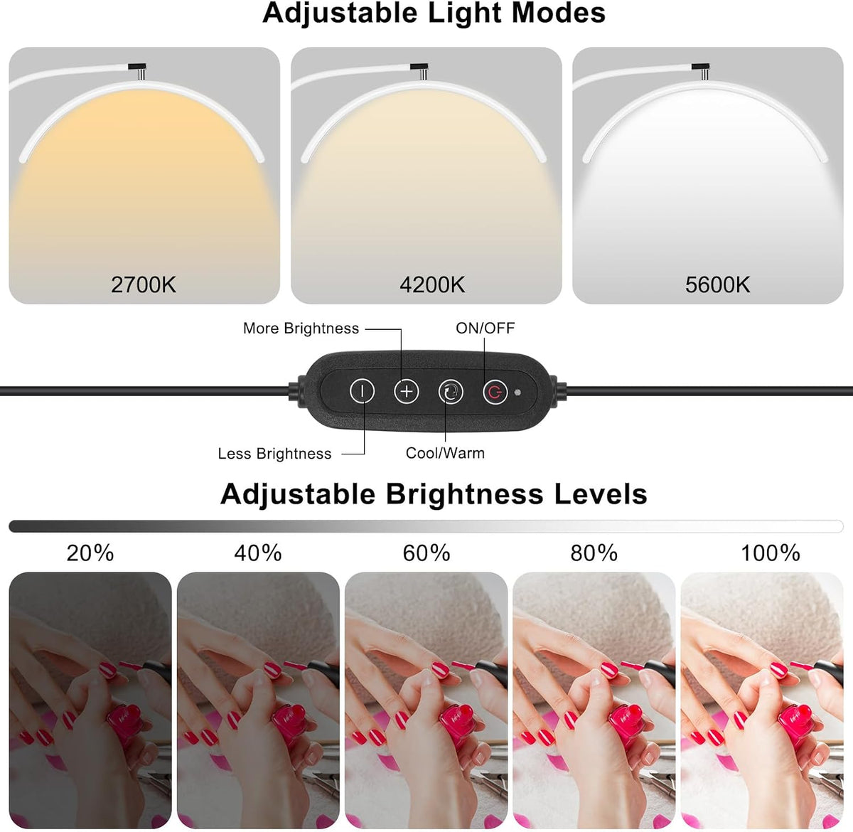 Professional Half Moon LED Desk Light for Nail Techs & Artists – Flexible Gooseneck Lamp with Clamp, 5 Color Modes & 5