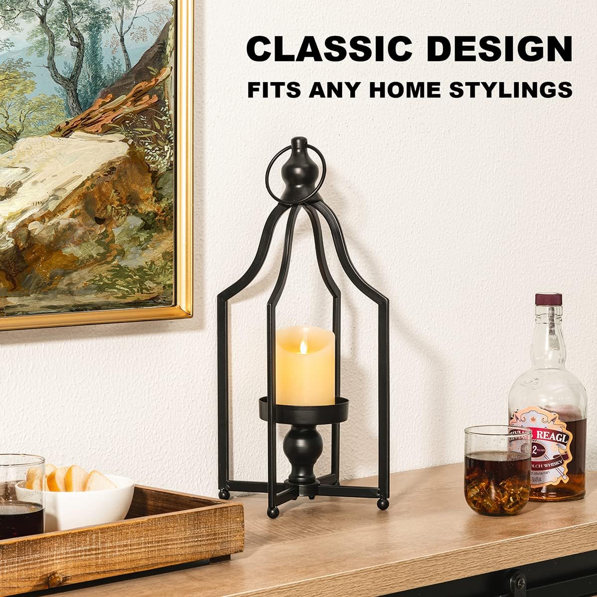 Glitzhome Modern Farmhouse Metal Lanterns Decorative Hanging Candle Lanterns Distressed Black Set of 2 (Small)
