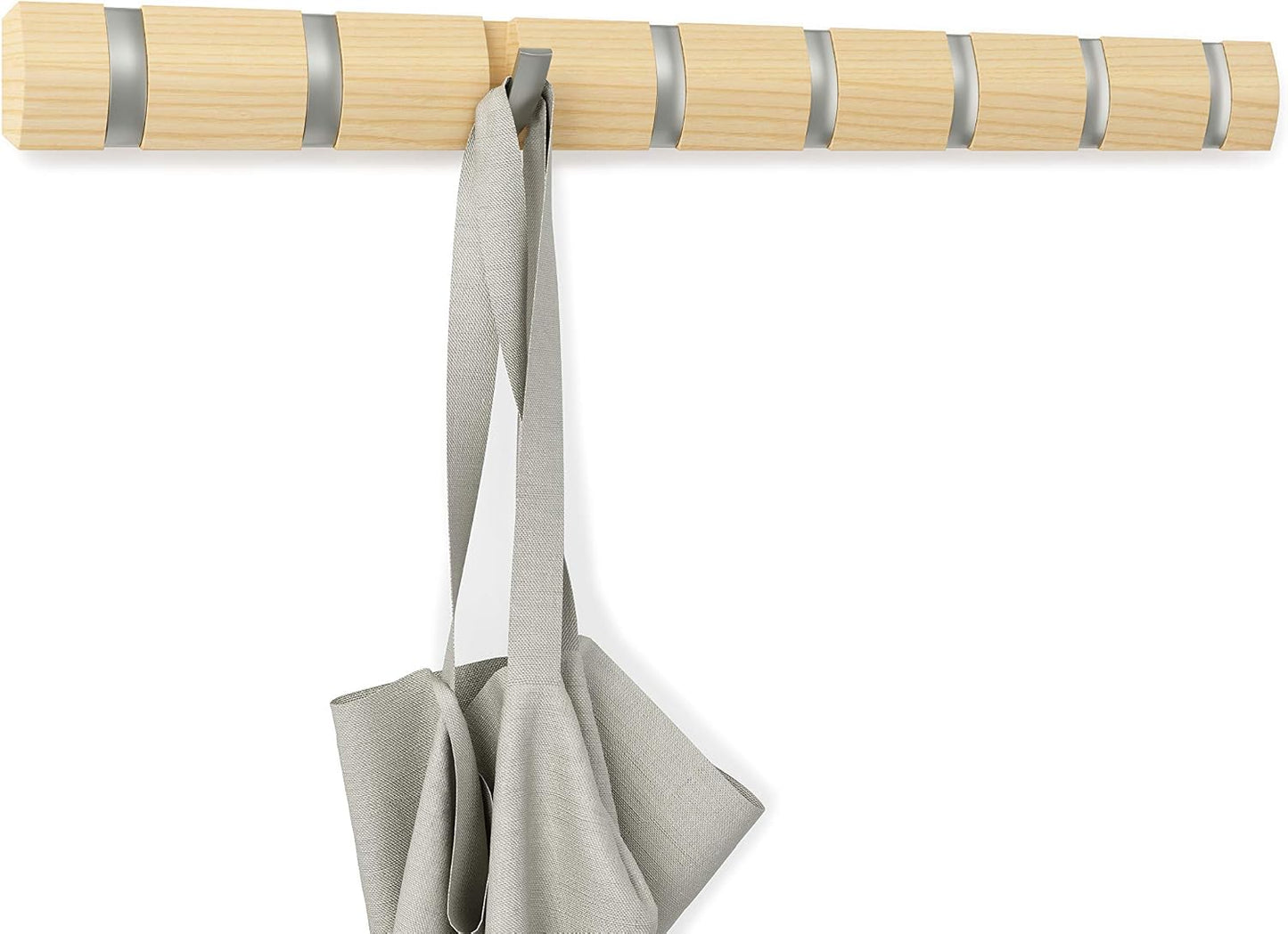 Umbra Flip Coat Rack, Wall Mount 8-Hook, Space Saving, Natural/Nickel | Real wood and steel build, retractable hooks