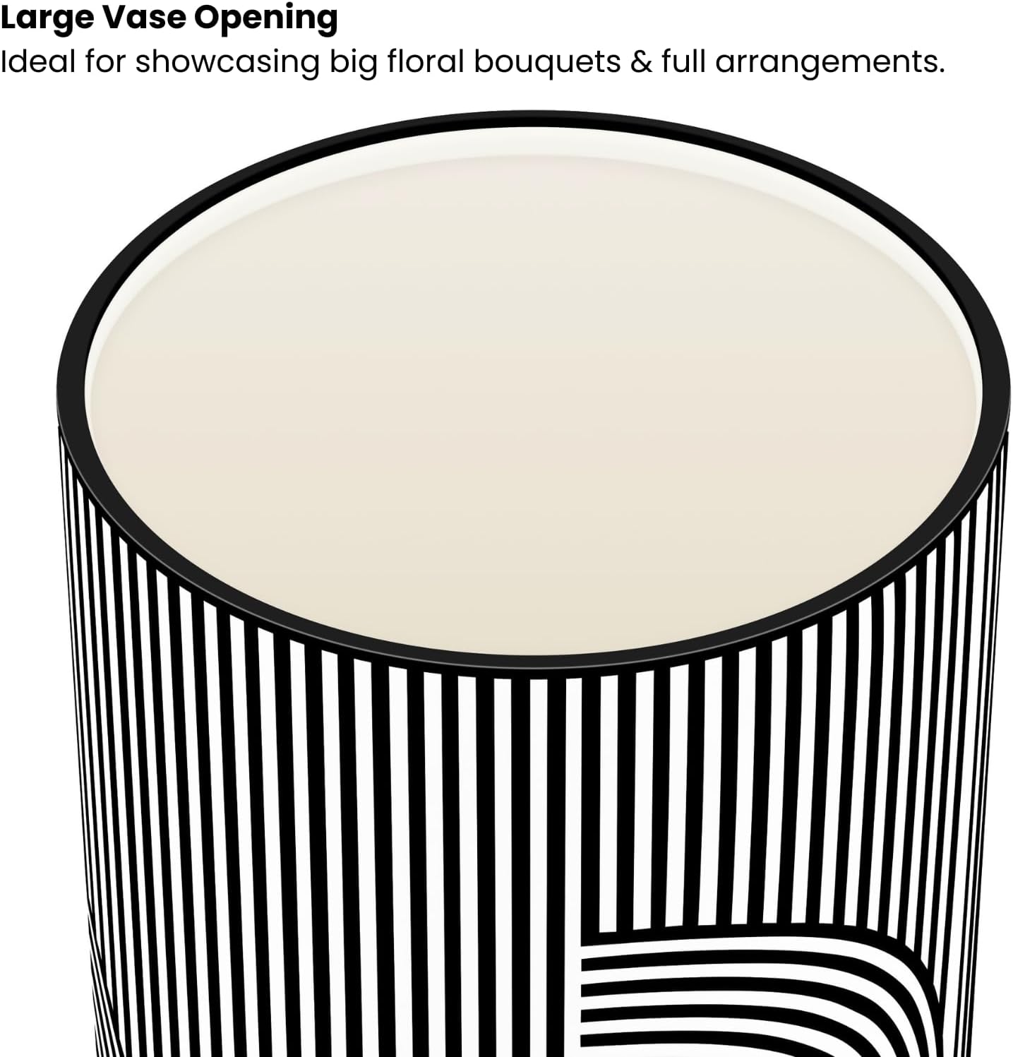 12" Tall and White Ceramic Vase for Flowers / Graphic Lines / Black