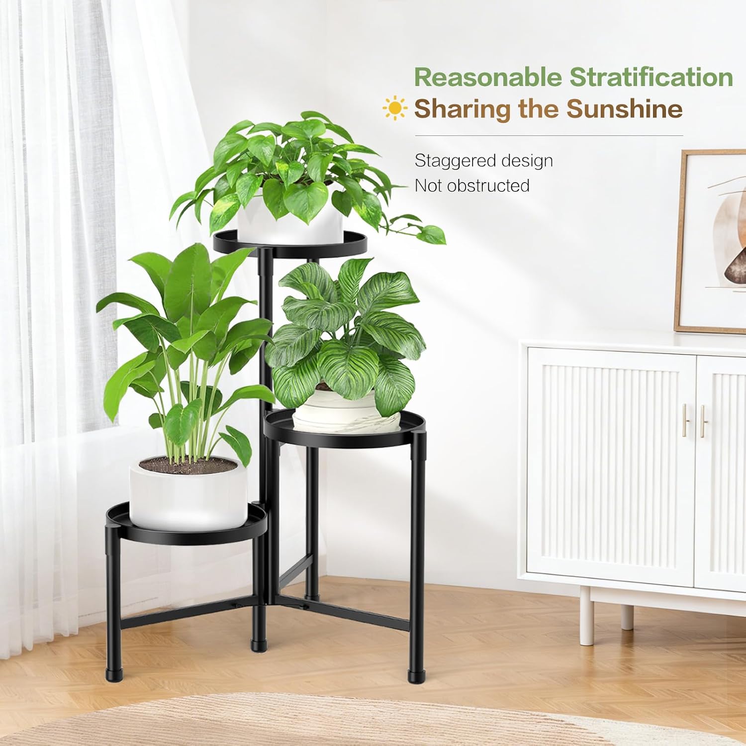 3 Tier Metal Corner Plant Stand Indoor Outdoor, 10 Inch Wide Tray, Black | 30 In Tall Foldable Iron Flower Pot Holder