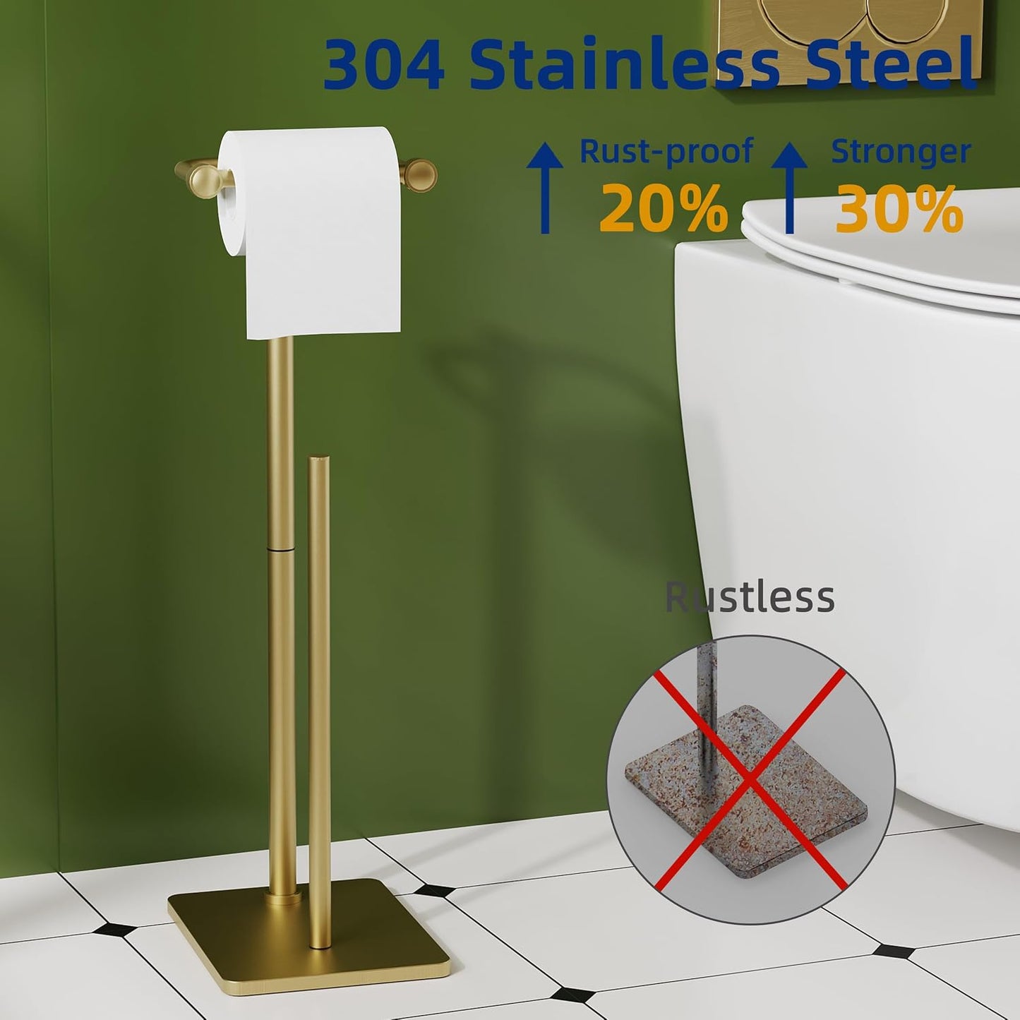 RUACQ Bathroom Toilet Paper Holder Stand with Storage, Brushed Gold | Pivoting Free Standing Toilet Roll Holder, Holds