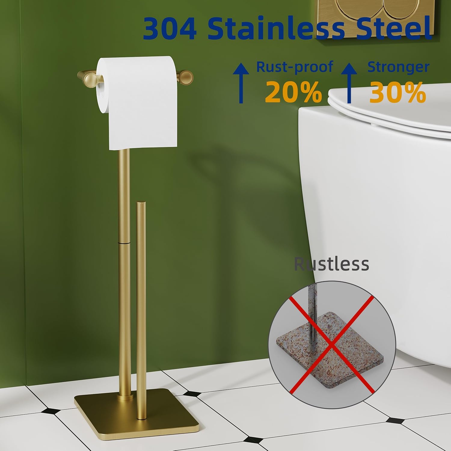 RUACQ Bathroom Toilet Paper Holder Stand with Storage, Brushed Gold | Pivoting Free Standing Toilet Roll Holder, Holds
