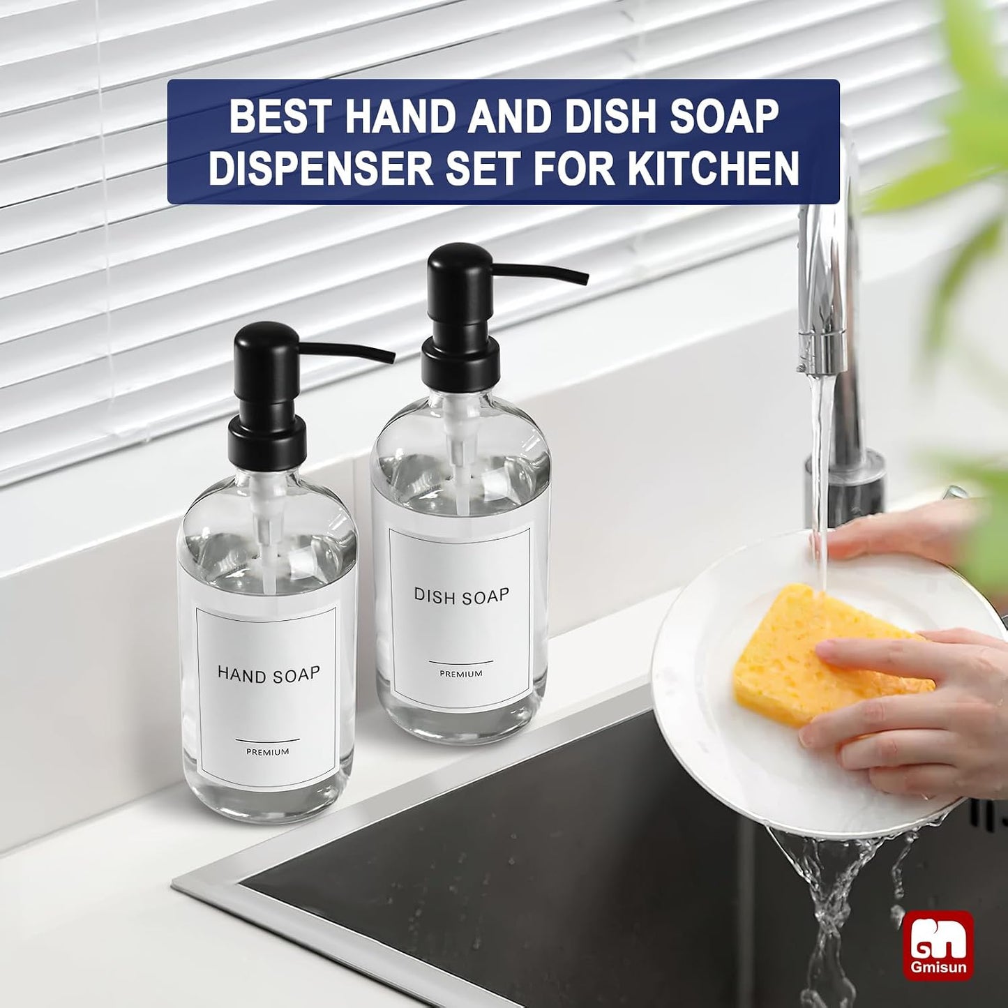 GMISUN Glass Soap Dispenser with Pump, 2 Pack Clear Bathroom Hand Soap Dispenser with Stainless Steel Pump, 17 Fl Oz