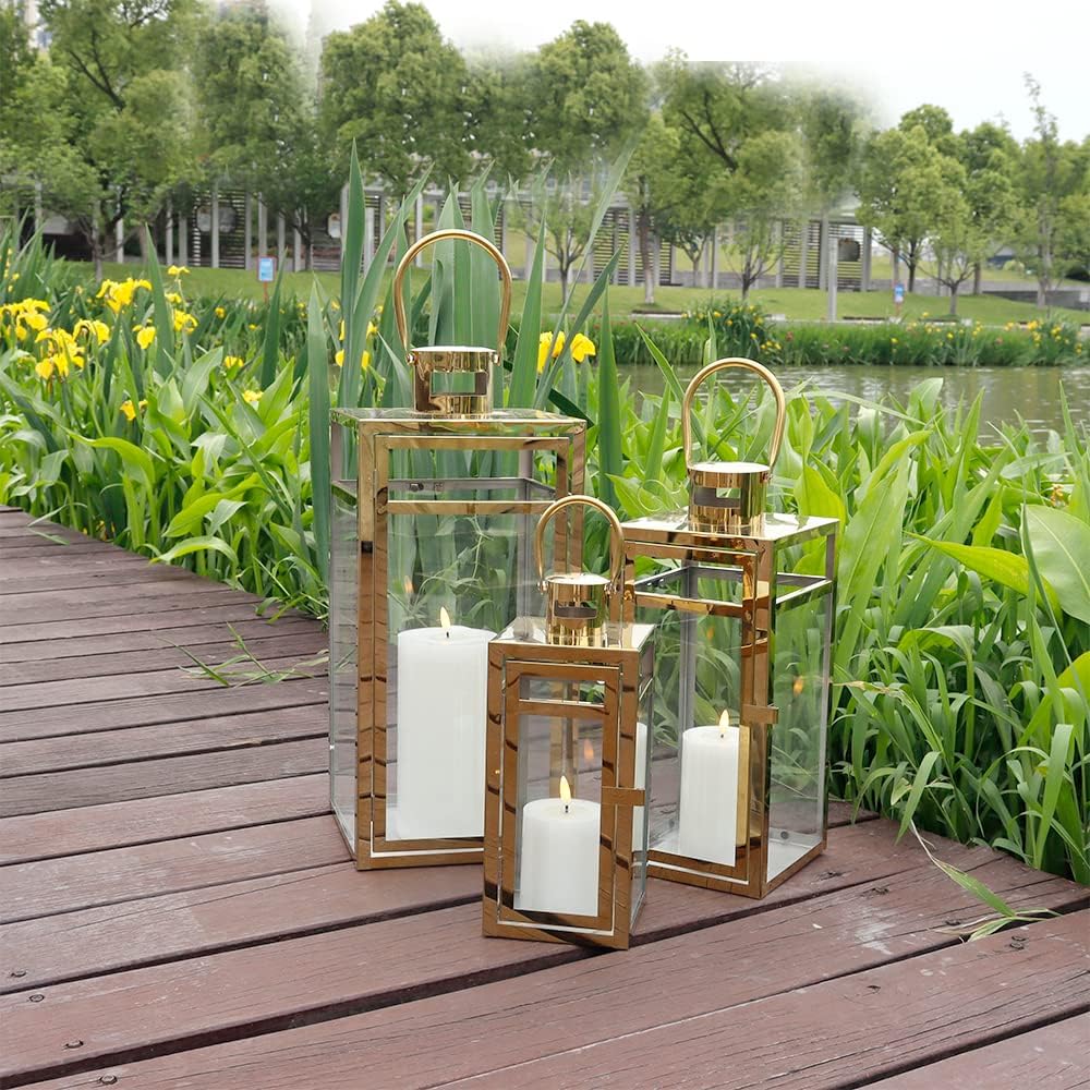 TRIROCKS Elegant Gold Stainless Steel Lantern Set- 3 Sizes (12", 15", 19") - Tempered Glass Panel Metal Lanterns for