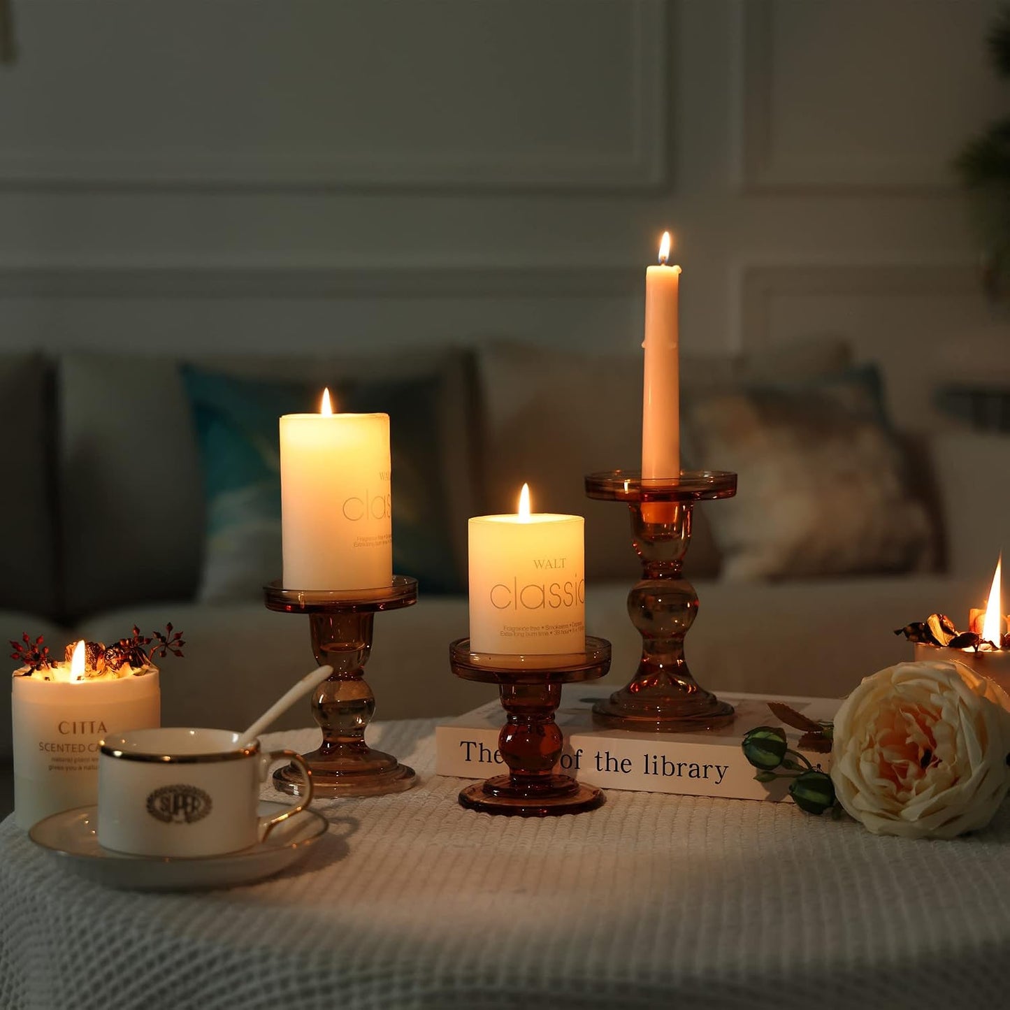 GMWD 3 Pcs Glass Candle Holder Set Clear, Amber Candlesticks Holders Pillar Taper Candles Tealight Stand for Wedding