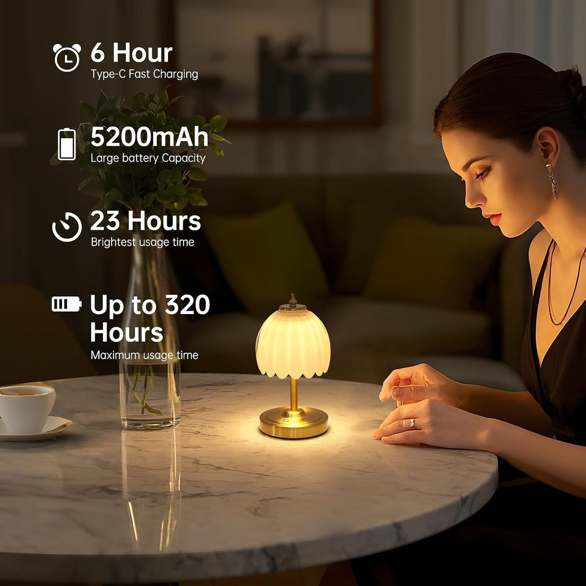 Shenmoyl Set of 2 Tulip Table Lamp with 5200mAh Battery & Touch Control, Cordless Small Table Lamp with 3 Colors