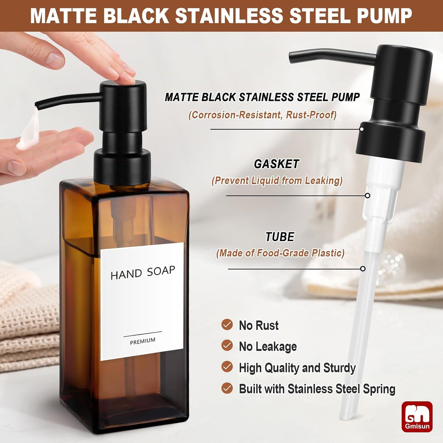 GMISUN Amber Glass Soap Dispenser, 2 Pack Hand Soap Dispenser Bathroom, 12 fl oz/350ml Dish Dispenser Set for Kitchen