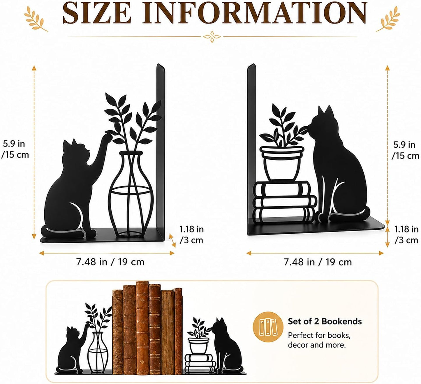 Metal Book Ends / Modern Cat Shape Bookend Holder