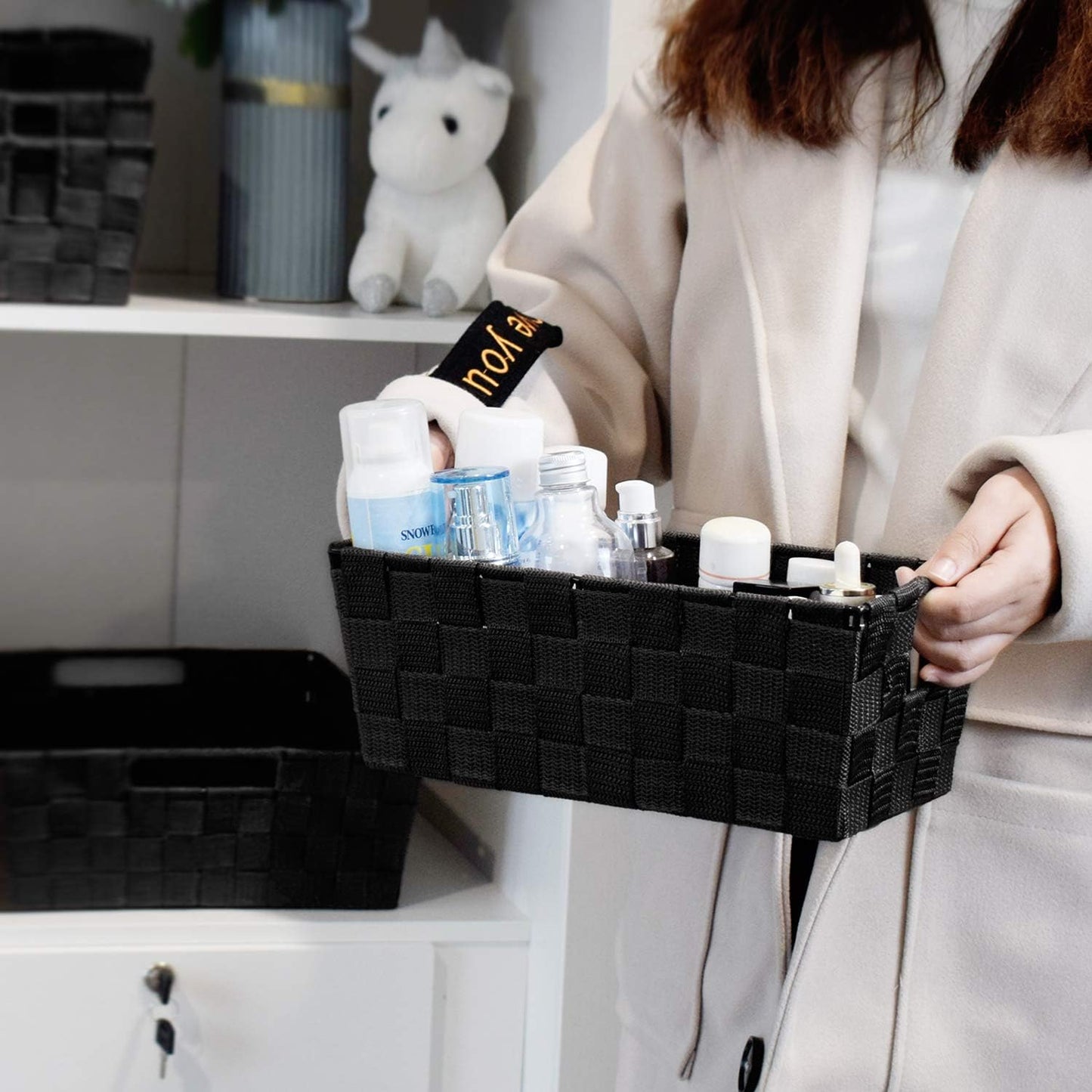 Woven Black Storage Baskets Shelf Tote Boxes Container / Woven Strap Black / Set of 3