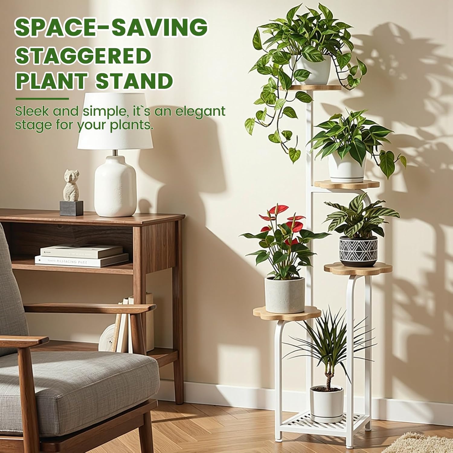 TOSKING Tall 5-Tier Corner Plant Stand Indoor, Anti-Tip, Oak & White,47in | Plywood trays,wide base and heavy-duty