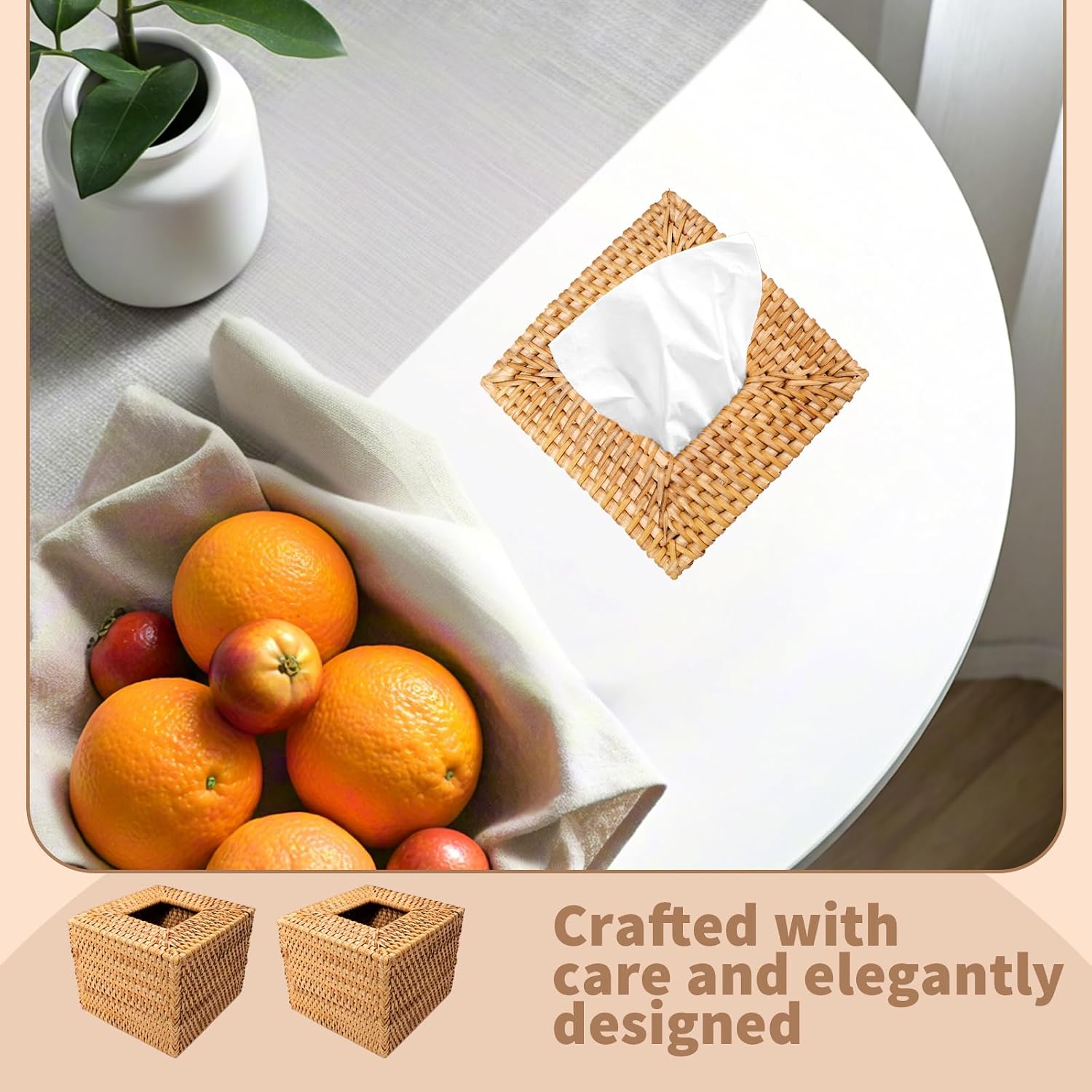Square Rattan Tissue Box Cover Decorative Hand Wicker Woven Tissue Box Holder / Natural / Set of 3