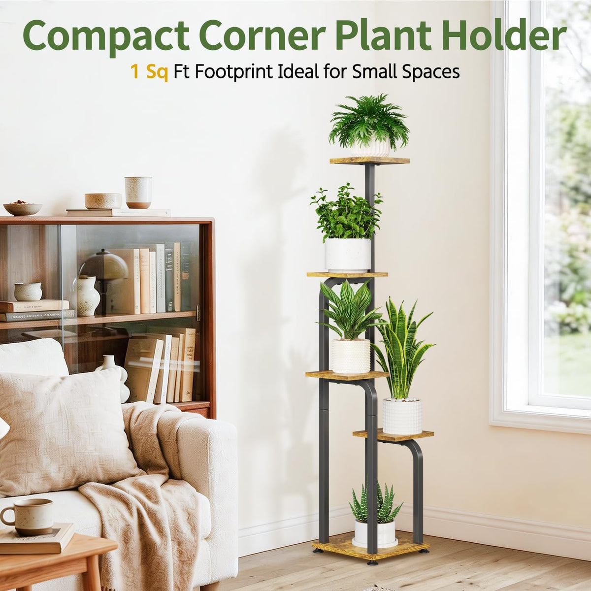 LASZOLA Plant Stand Shelf Tall for Indoor Corner Flower Rack, 5 Tier Brown | Modern Multiple Display with Wooden Tray