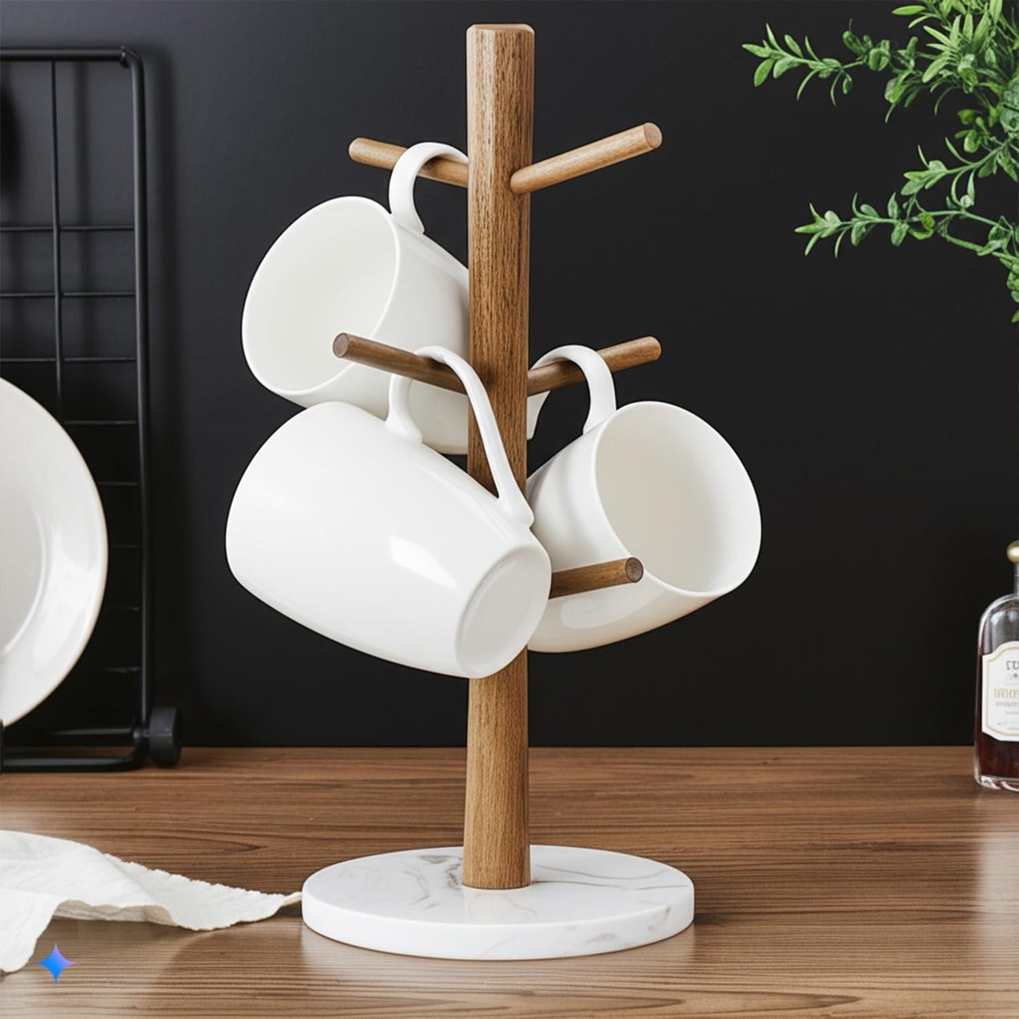 Buruis Acacia Wood Mug Holder with Marble Base, 6 Hook Mug Tree, White | Coffee Mug Rack for Countertop, Space-Saving
