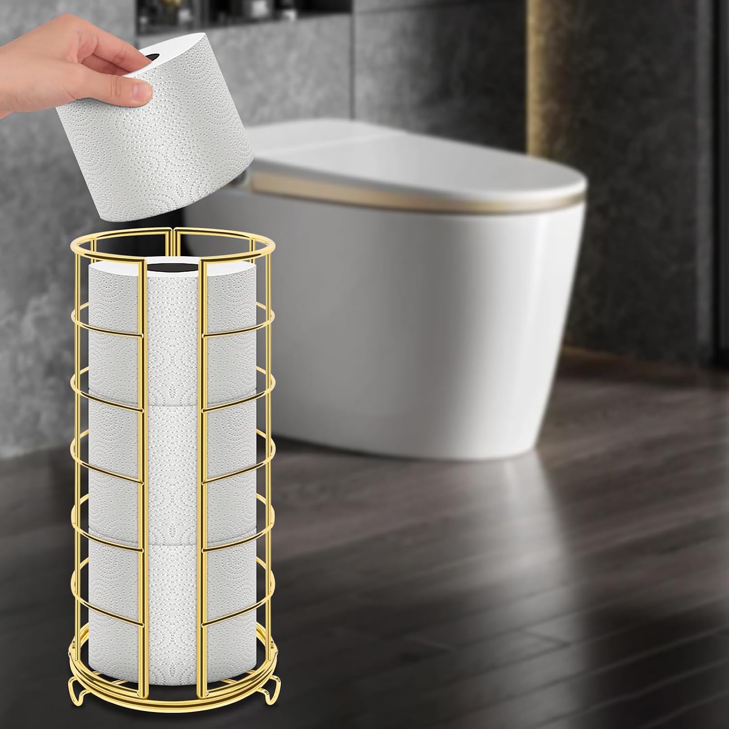 NearMoon Toilet Paper Organizer Stand, Free Standing 3 Rolls Tissue Storage, Metal Bathroom Accessory, Rustproof Toilet