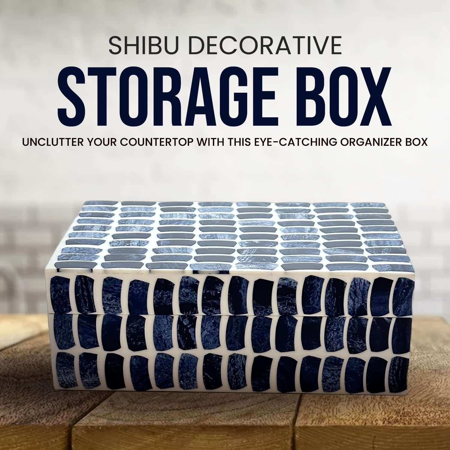 Home Decor Decorative Storage Wooden Box Small Shibu Organizer Tool Stash Card / Blue & Off White
