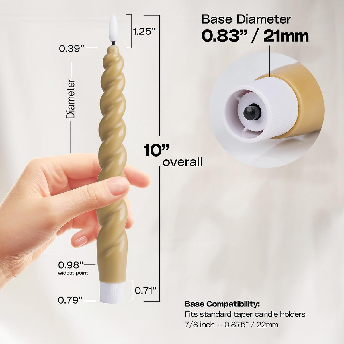 Full Twisted Spiral Flameless LED Taper Candles – Light Tan, Set of 6 – 2/4/6/8-Hr Timer (24-Hr Memory), Remote