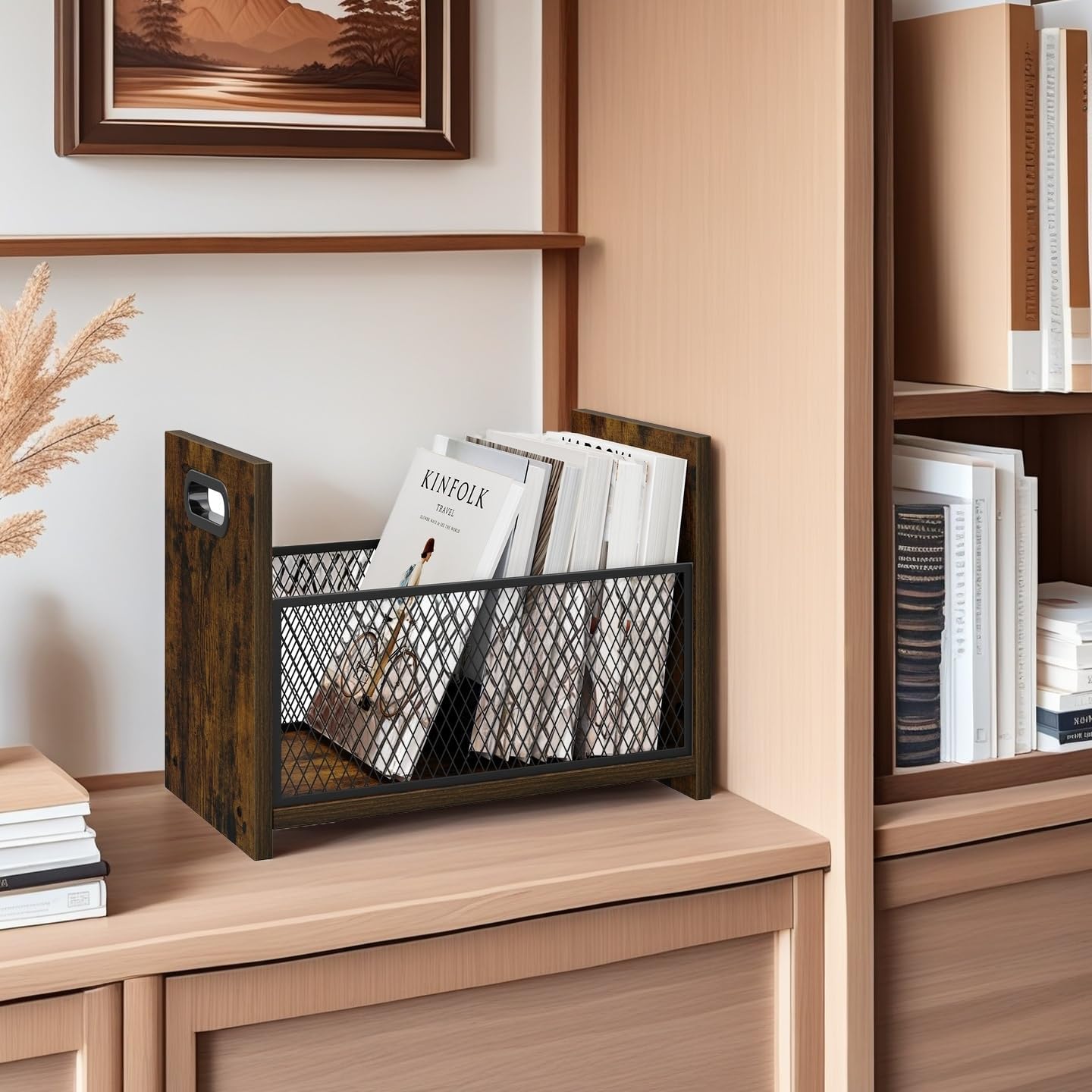 Large Magazine Rack Floor Set of 2, Vinyl Record Storage, Magazine File Holder Storage Basket for Letters, Books