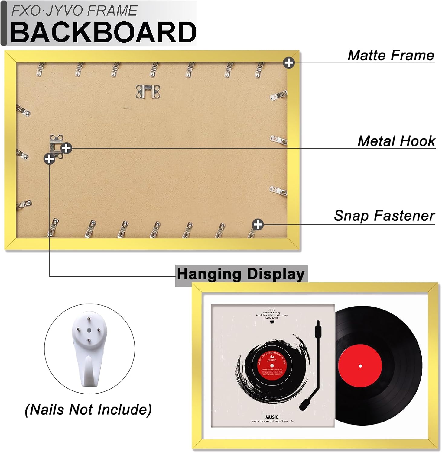 Vinyl Record Frame Display for 12 inch LP with 12.5x12.5 Album Cover | Gold 16x24 Frame Light Weight with High-Clarity