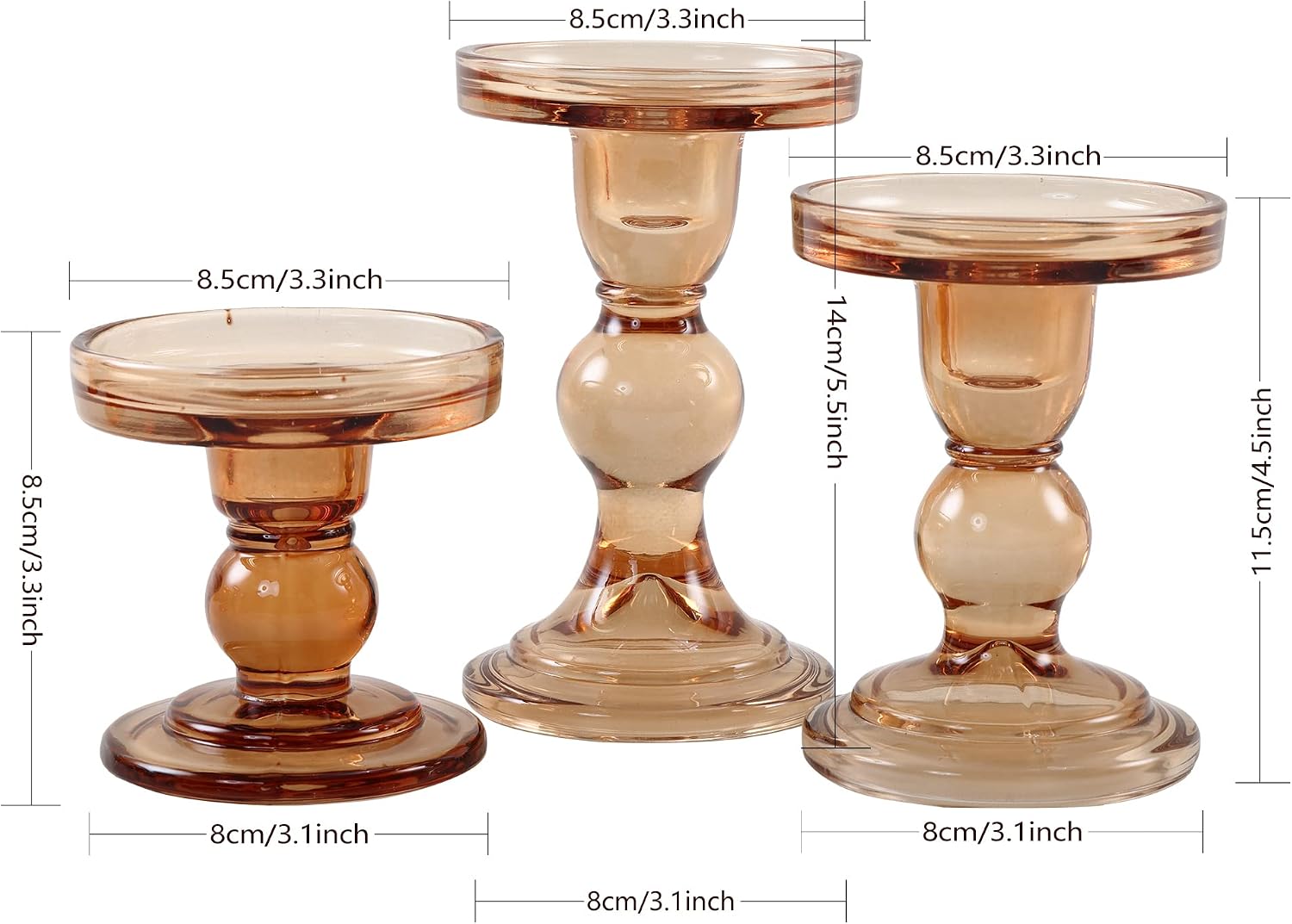GMWD 3 Pcs Glass Candle Holder Set Clear, Amber Candlesticks Holders Pillar Taper Candles Tealight Stand for Wedding