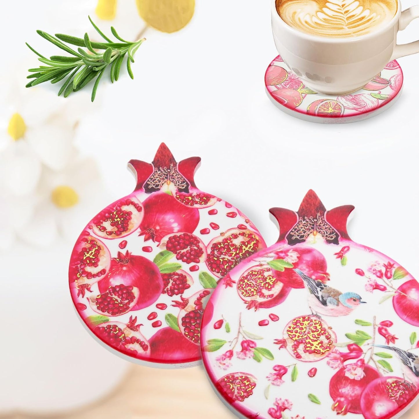 Unique Coasters for Drinks Decorative Pomegranate Coasters for Coffee Beverage / Red / Set of 6