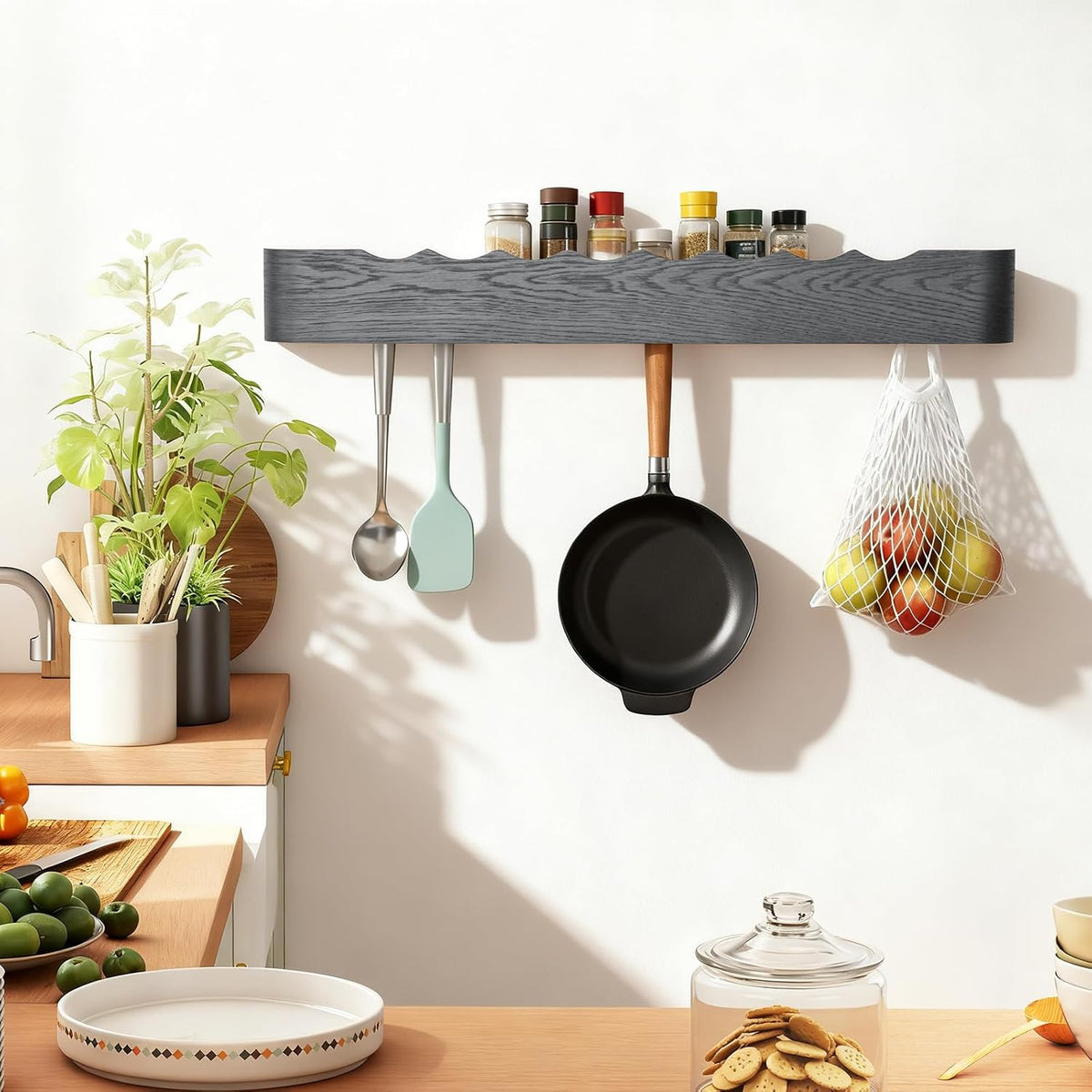 Coat Rack Wall Mount with Shelf Entryway Shelf Modern Key Holder Hanger Wall Shelves with Hidden Hooks for Hanging