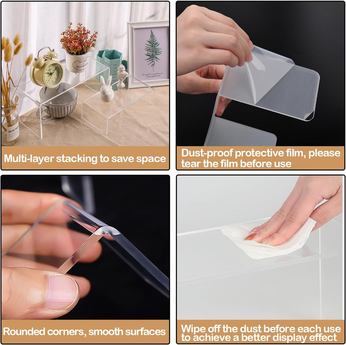 MerryNine Clear Acrylic Risers Display Stands Multi-Size | 8-Piece Set, Rectangular, 8"~9", 4mm Thick, Ideal for
