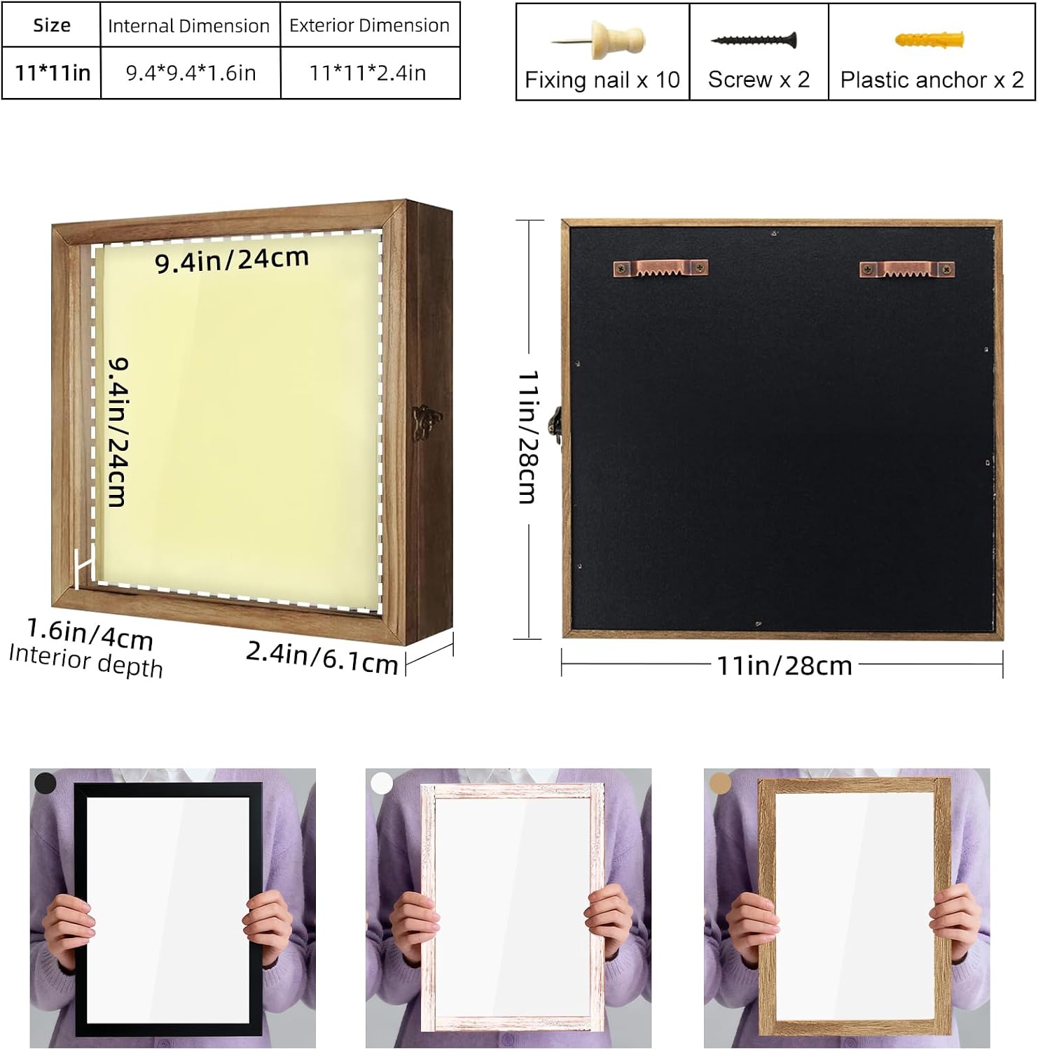 TJ.MOREE Shadow Box 11x11 Memory Display Case Wood Picture Frame Carbonized | Fits 9.4x9.4Inserts with Linen Back &