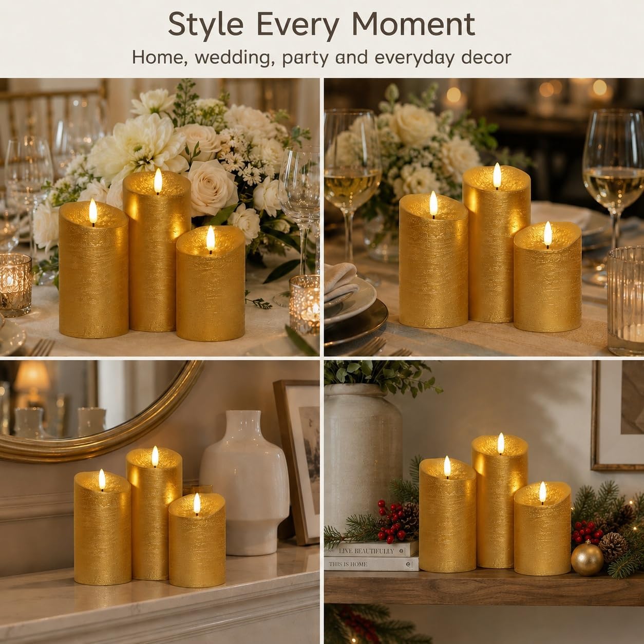 Gold Candles Battery Operated with Remote for Christmas Decor | 3 Inch Diameter, 4 5 6 Inch Heights, Real Wax Gold