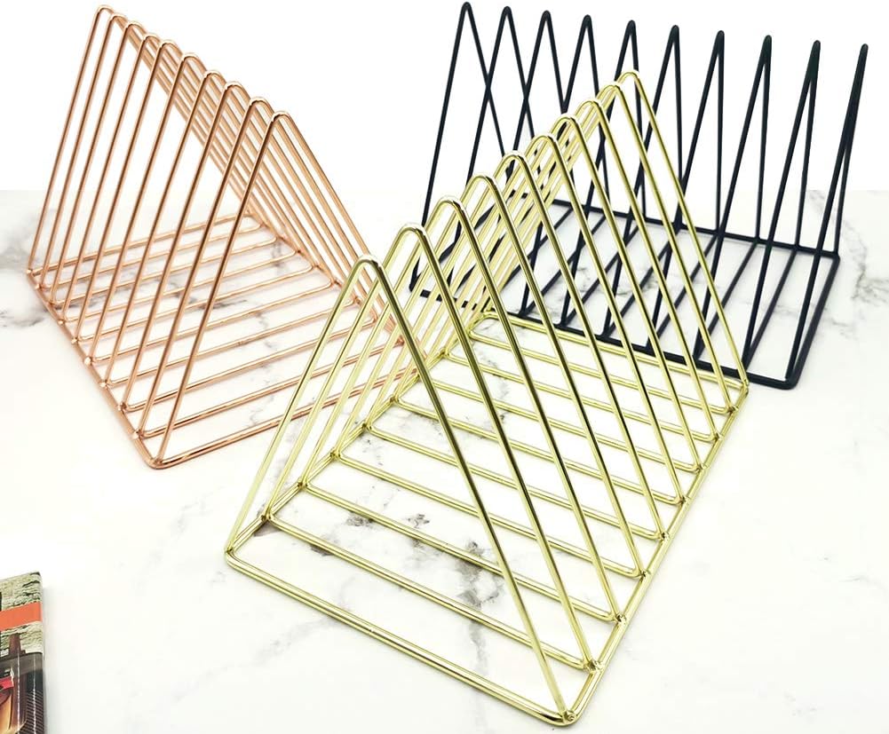 Gold File Holder Organizer, Triangle Record Album Holder Magazine Wire Rack, 9 Slot Multifunction Desktop Storage Decor