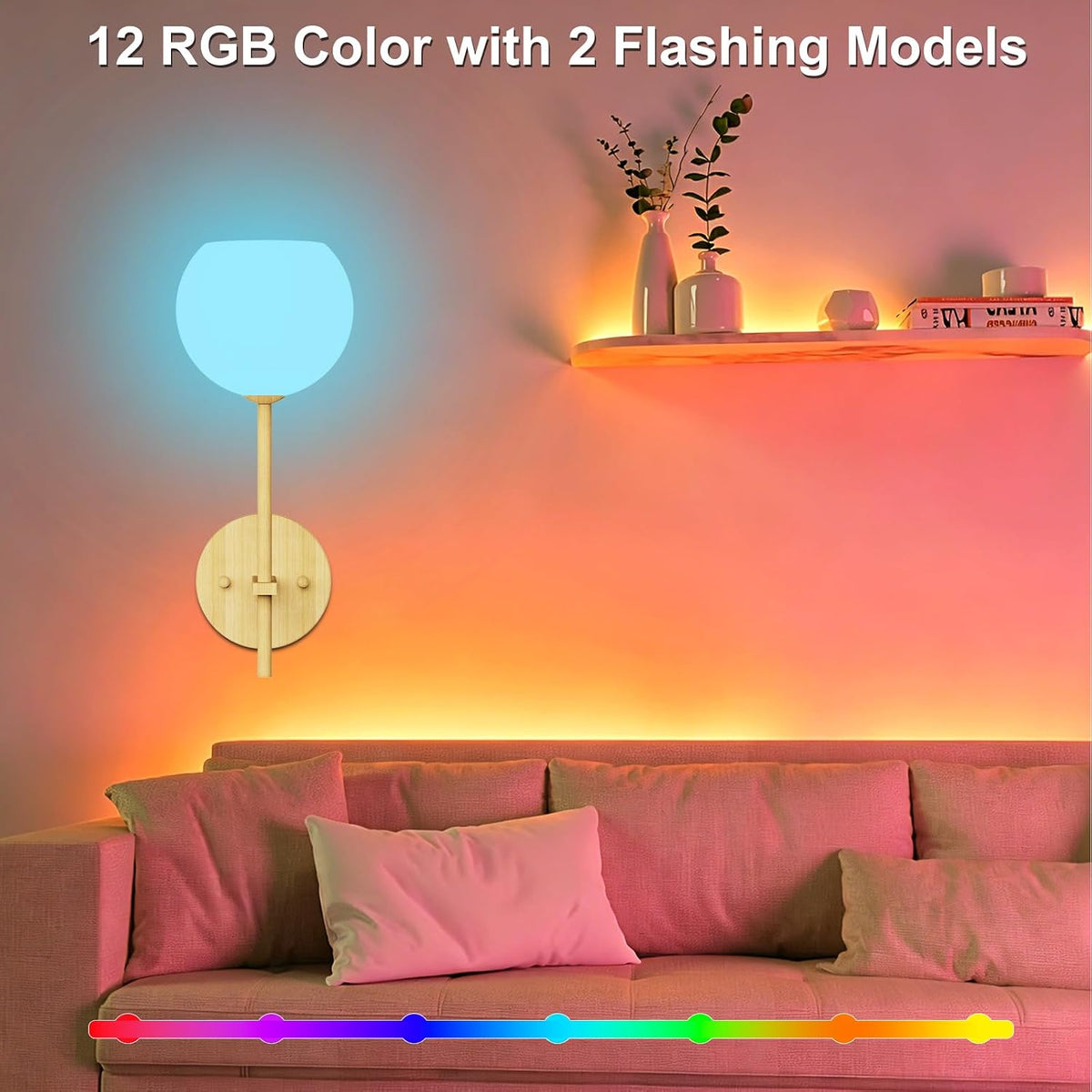 Wood Grain Battery Operated Wall Sconces Set of 2, Rechargeable Wireless Wall Lights with Milky White Frosted Glass, 12