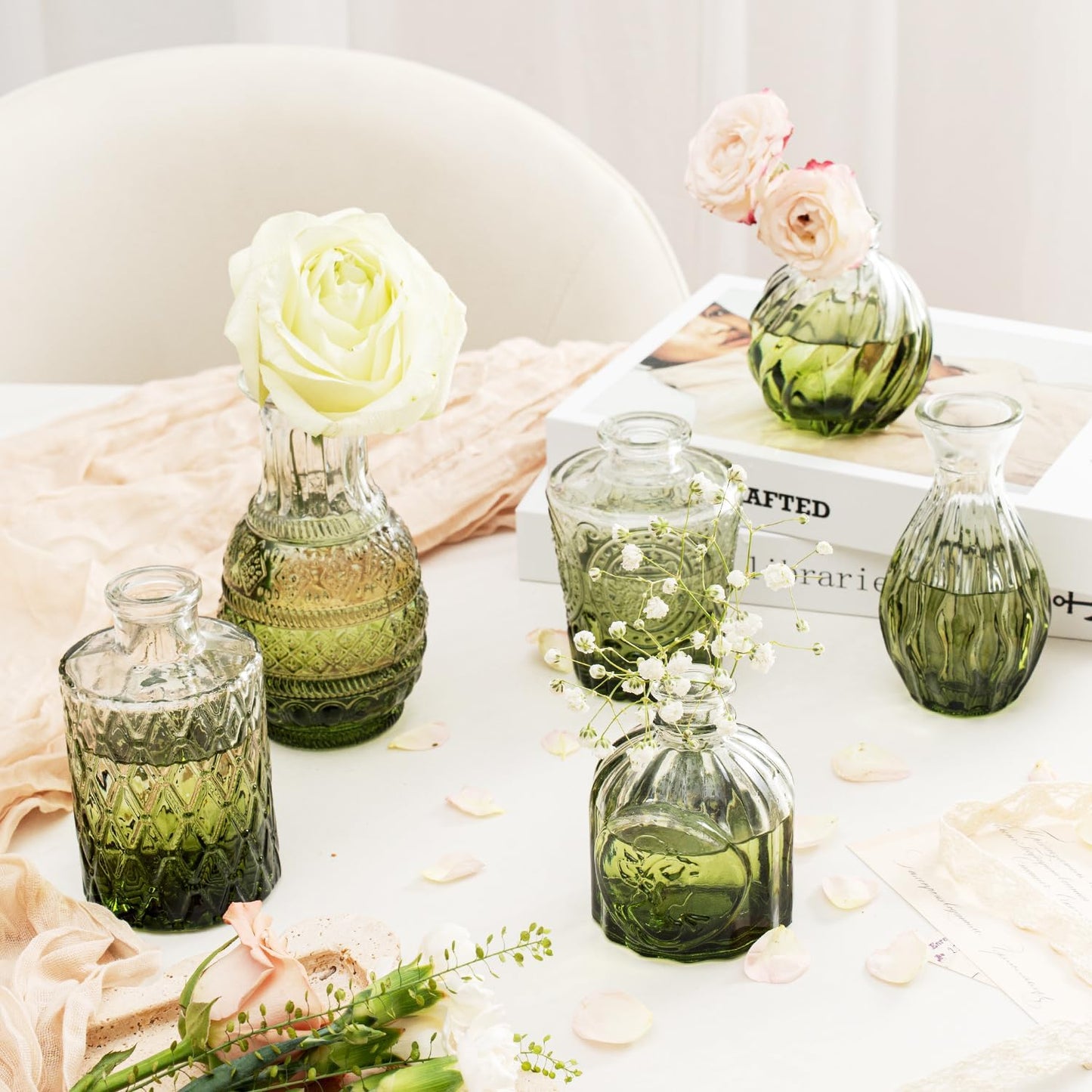 Clear Glass Bud Vase Pcs / Gradient Green / Set of 14