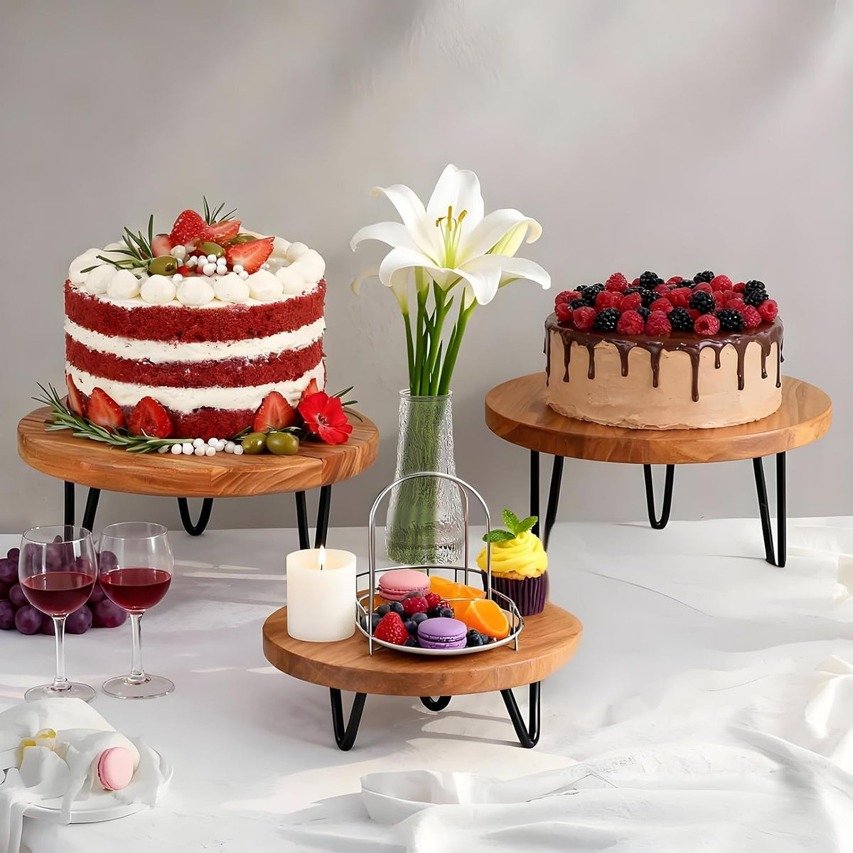 3 Pcs Buffet Risers, Wood Round Food Riser Dessert Table Display Stand Set for Party Wood Cupcake Stands Nesting Table