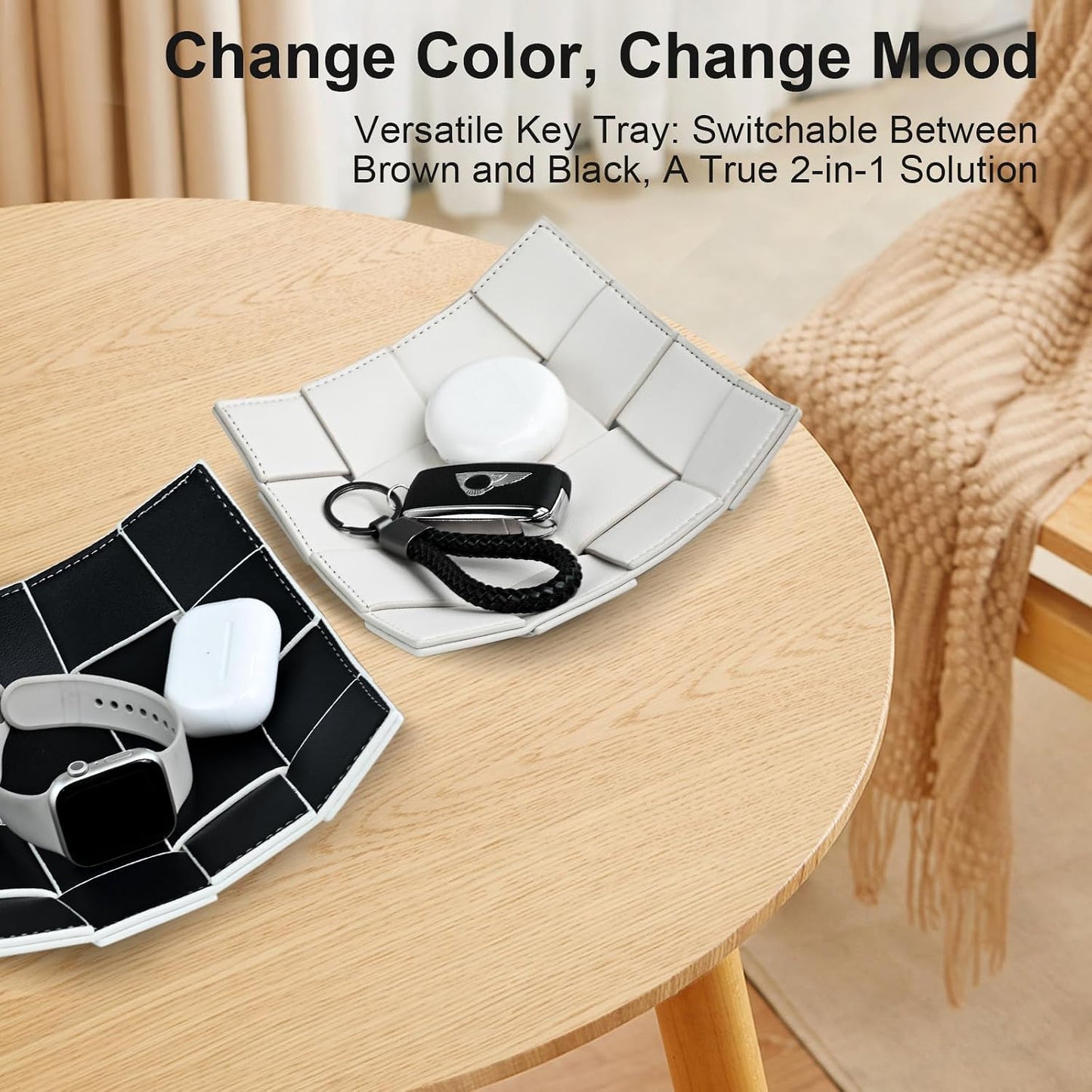 PU Leather Valet Tray for Men Women Key Holder Bowl for Entryway Table Bedside / Small White