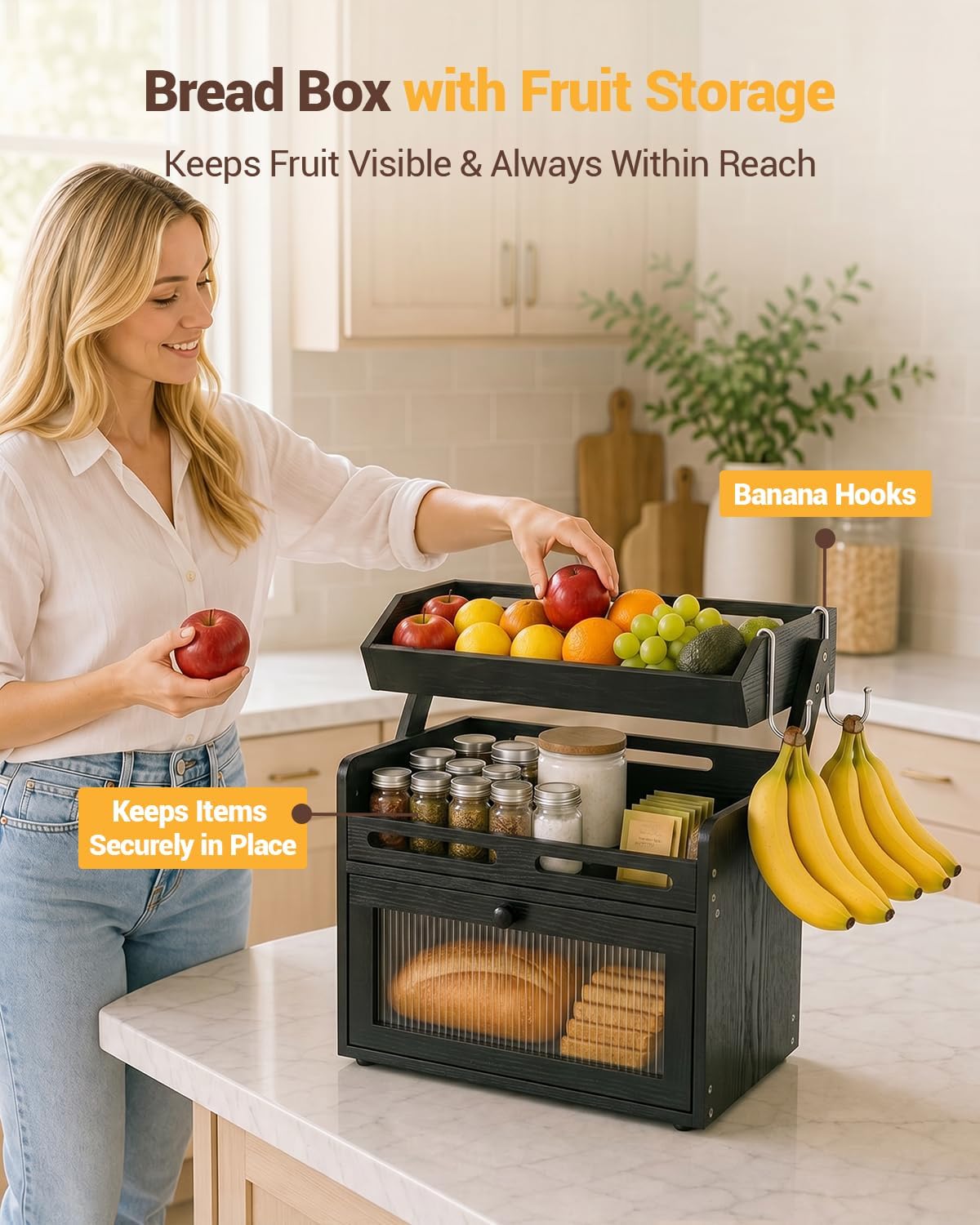Bread Box for Kitchen Countertop, Bamboo Bread Storage with Fruit Basket | Black Large Bread Container, Raised-Rail