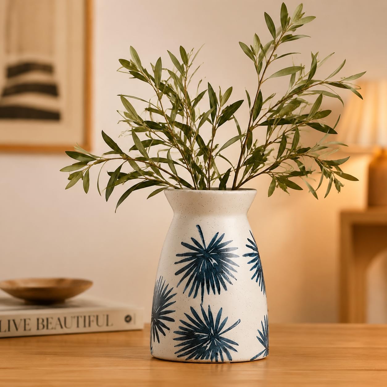 Modern Vases / White Flower Vase- Ceramic Vase for Decor / Teal White-7inch