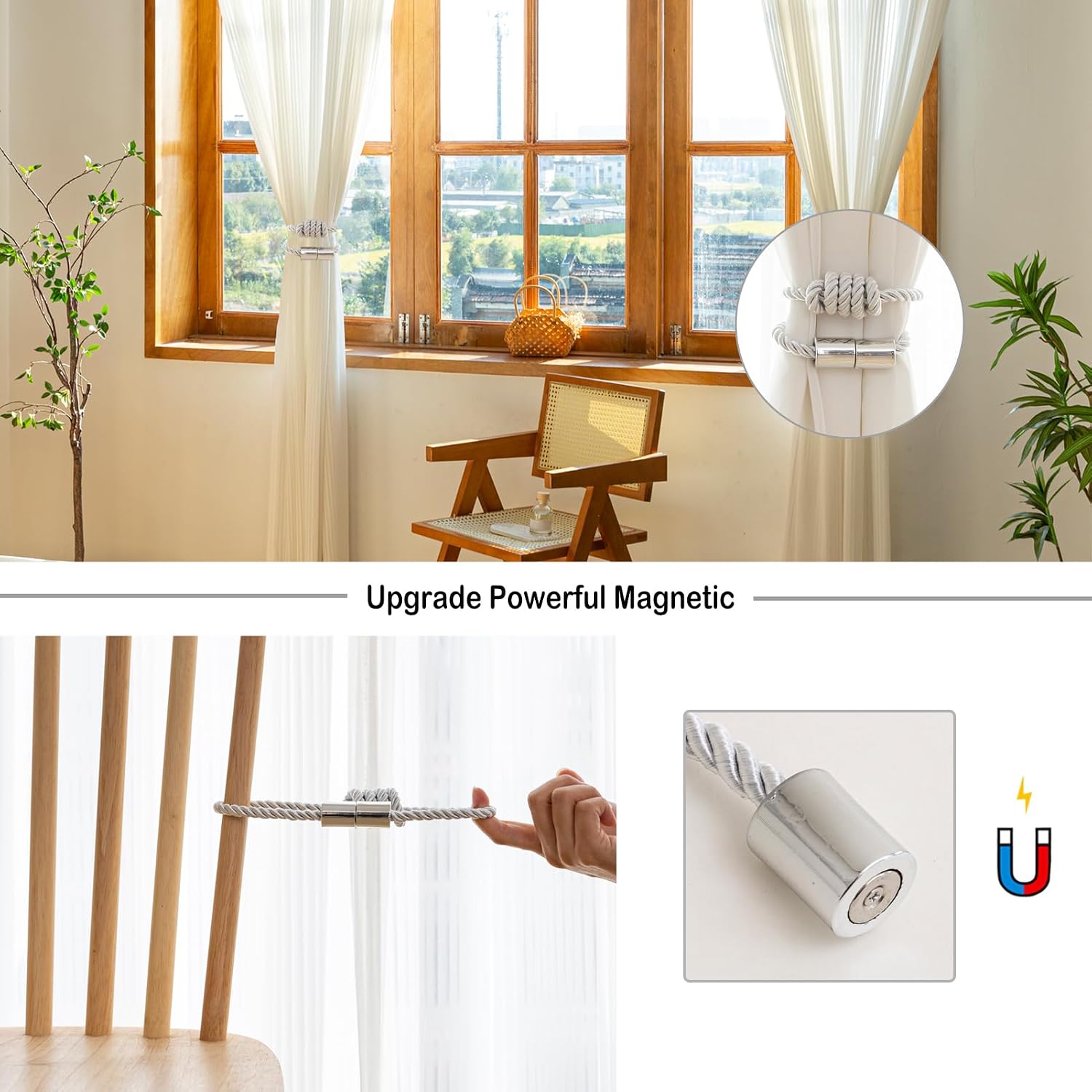 Curtain Tiebacks Magnetic Decorative Rope Tie Backs Holdbacks Contoeey | 8 Pack White Modern Elegant Window Treatment