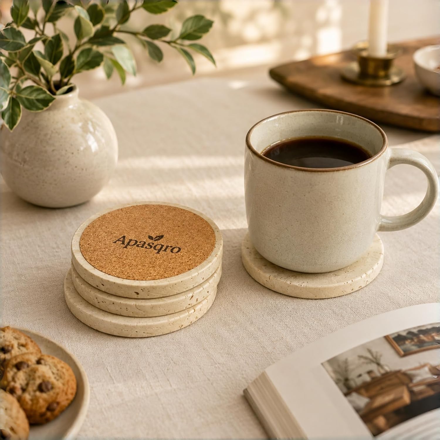 Natural Travertine Coasters / Beige / Set of 4