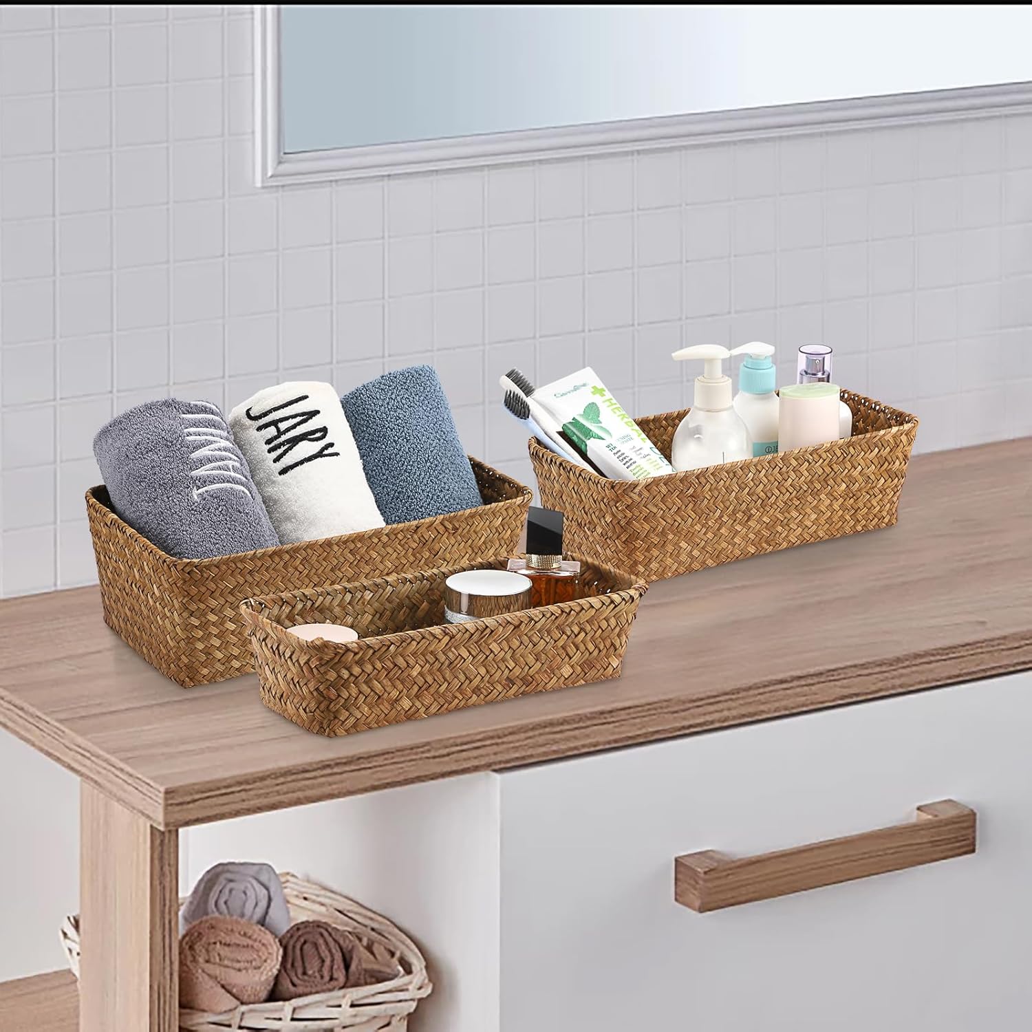 3 Wicker Basket Set Rectangular Handwoven Seagrass Basket Storage / Caramel / Natural / Set of 3