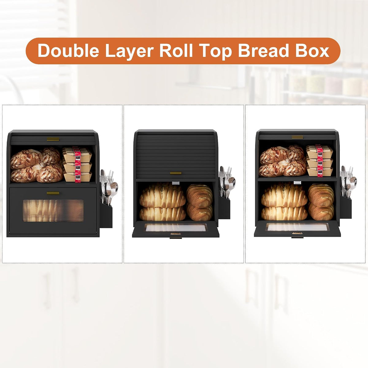 TQVAI Roll Top Bread Box for Kitchen Countertop, Keep Fresh Longer, Easy to Maintenance, Double Layer Vintage Wooden