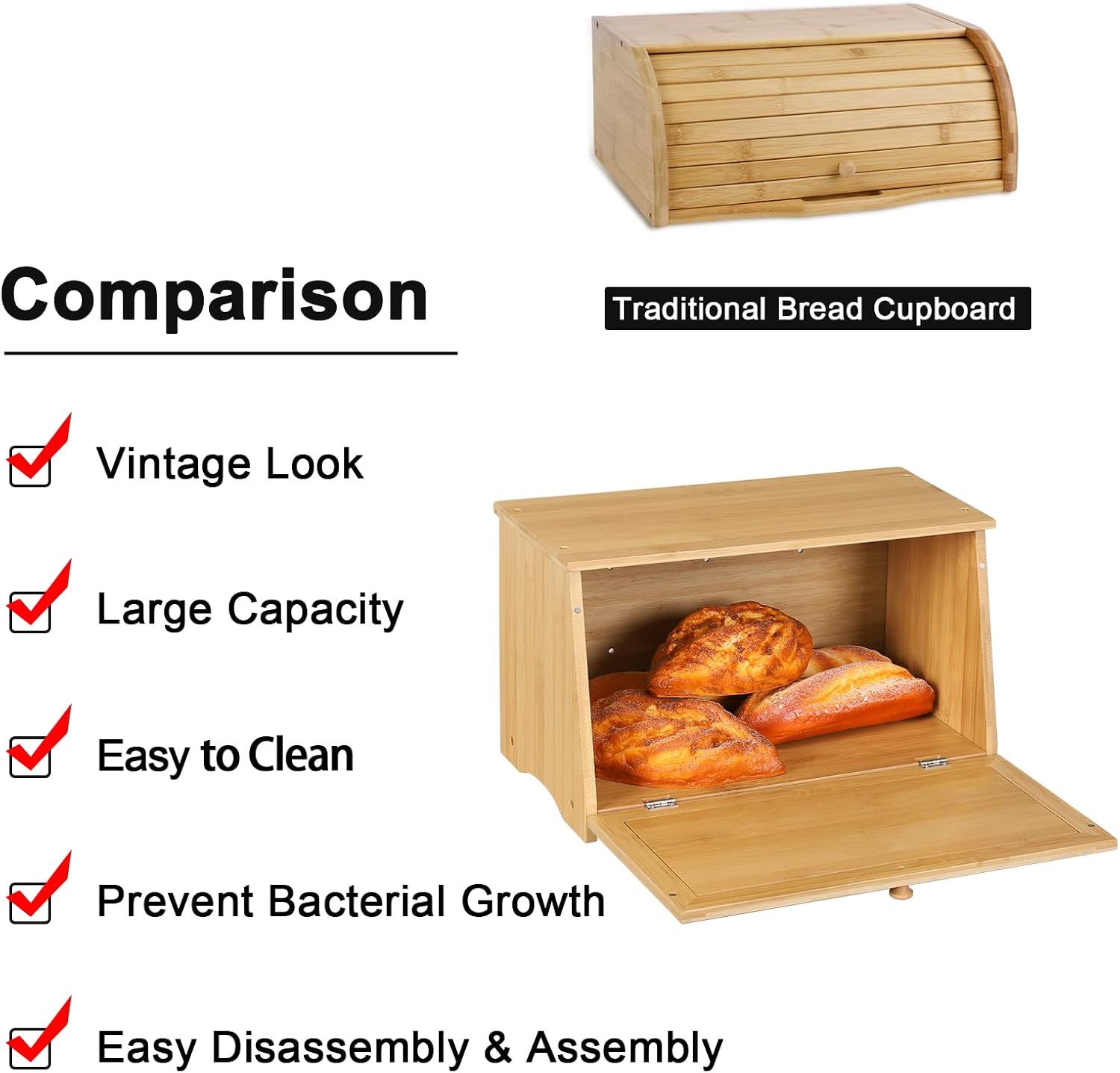 HOMEKOKO Vintage Wooden Bread Box for Kitchen Countertop, Natural Bamboo | Retro Farmhouse Style, Holds 2 Loaves