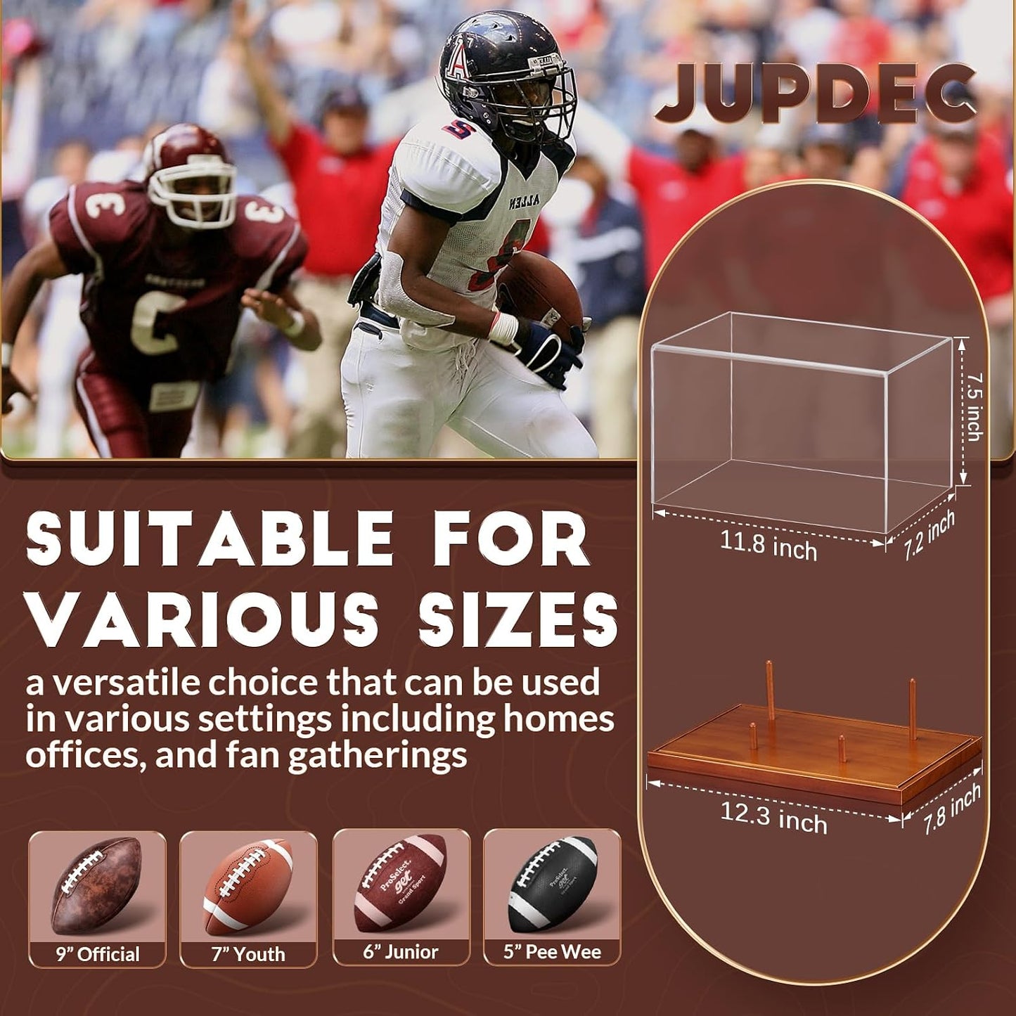 Football Display Case Full Size, Acrylic Clear Box with Wood Stand, UV Protected Memorabilia Holder, for Football Fans
