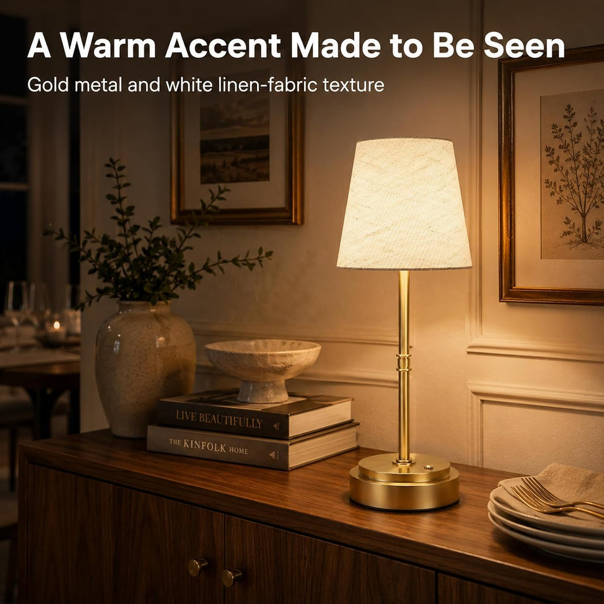 Rechargeable Cordless Table Lamp, Nightstand to End Table,Gold,1 Pack | 6000mAh Battery Operated, 16-Inch Antique Brass