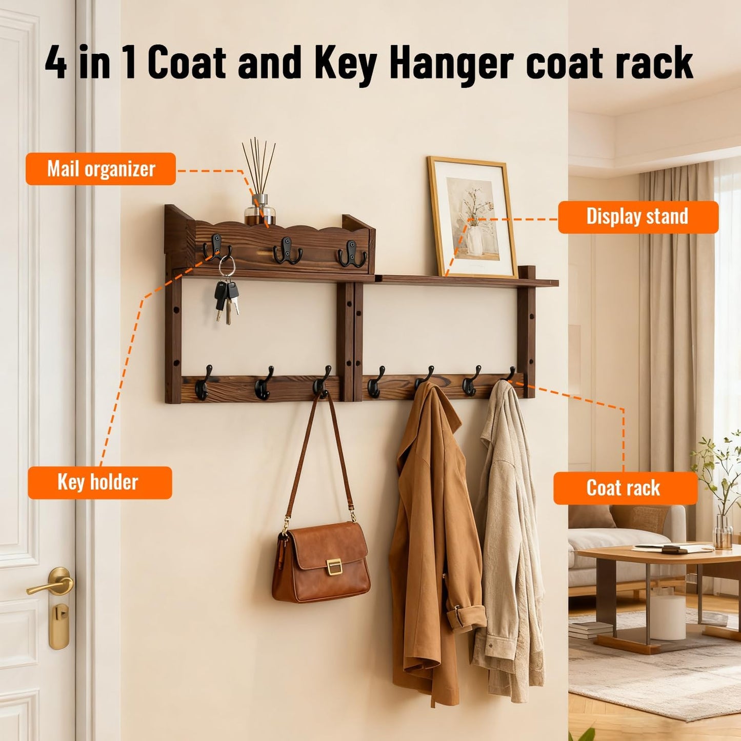 Entryway Key Holder Wall Mount Wood Wall Coat Hooks / Brown / 28 Inch
