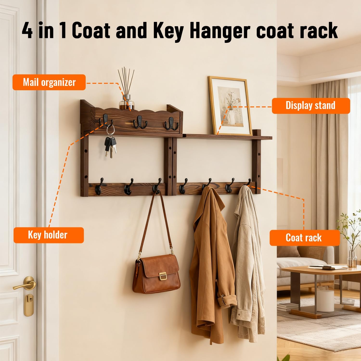 Entryway Key Holder Wall Mount Wood Wall Coat Hooks / Brown / 28 Inch